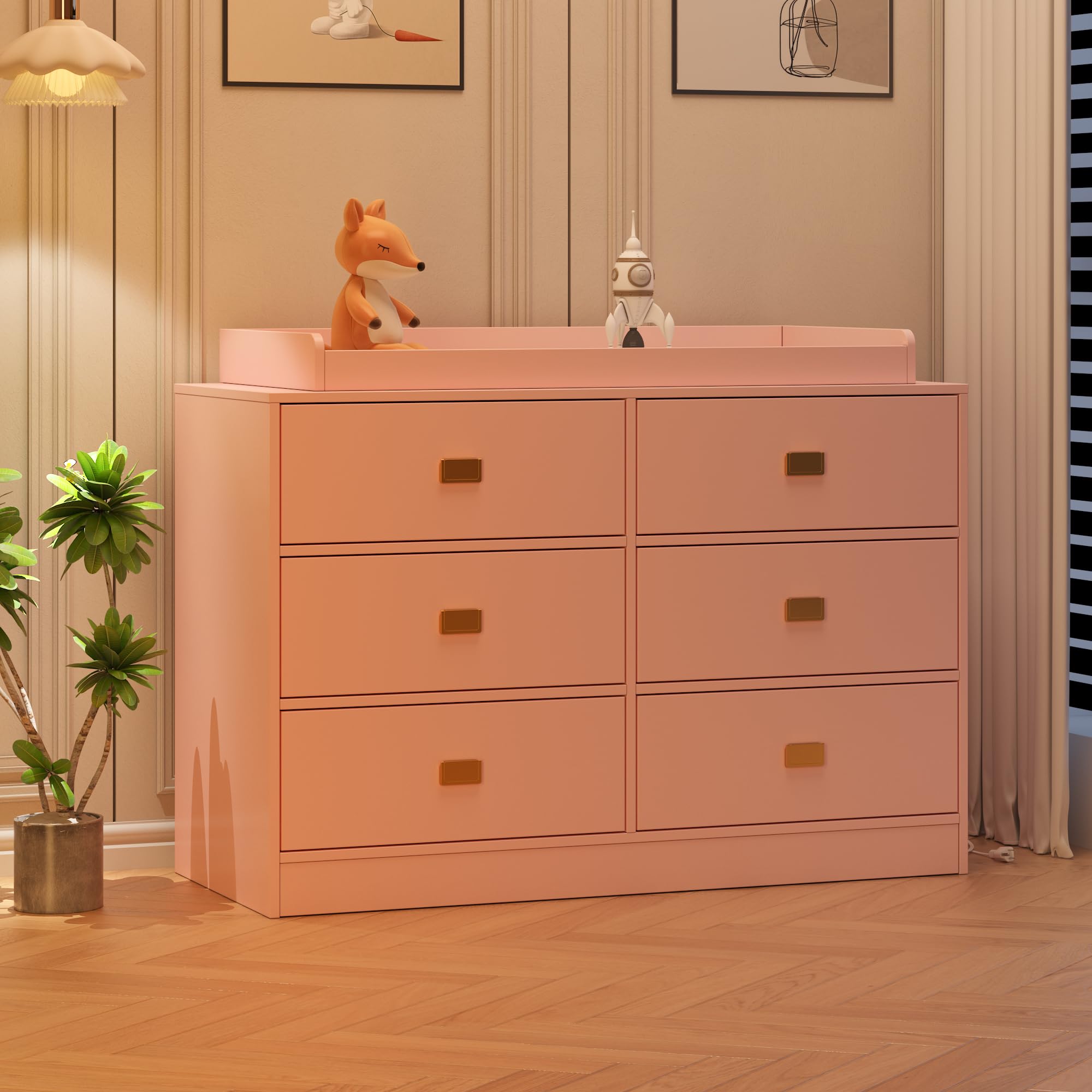 6-Drawer Nursery Dresser with Changing Table Top - Pink Baby Storage Organizer with Power Outlets & Removable Top | Perfect for Infant Bedrooms & Nursery Organization