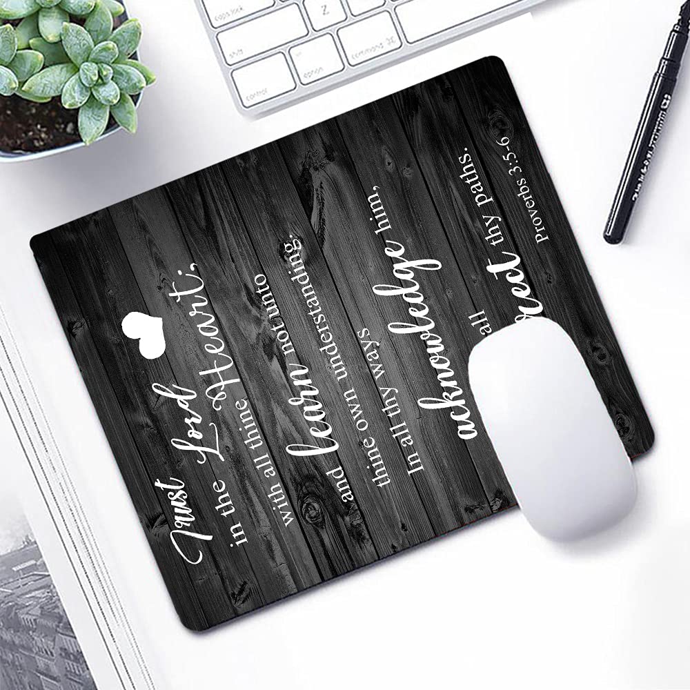 Christian Bible Verse Mouse Pad - Proverbs 3:5-6 Scripture Quote - Rustic Black Wood Grain Design - Trust in The Lord with All Your Heart - Perfect for Office, Home & Church Use