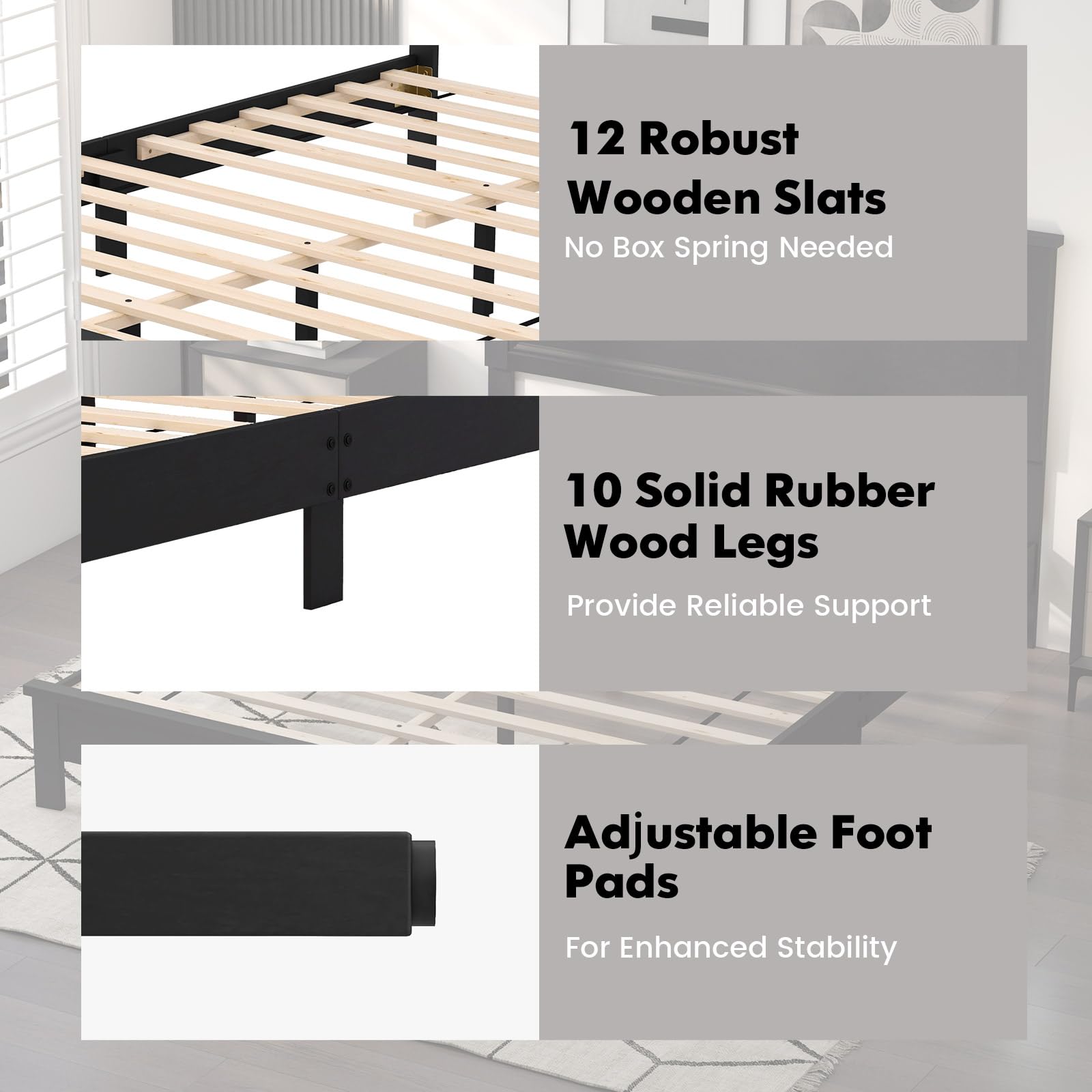 Giantex Queen Size Wooden Platform Bed Frame with Headboard - Mid Century Modern Solid Wood Legs & Wooden Slat Support - Easy Assembly 500 lbs Weight Capacity - Black Bed Frame for Bedroom, Guest Room, Dorm