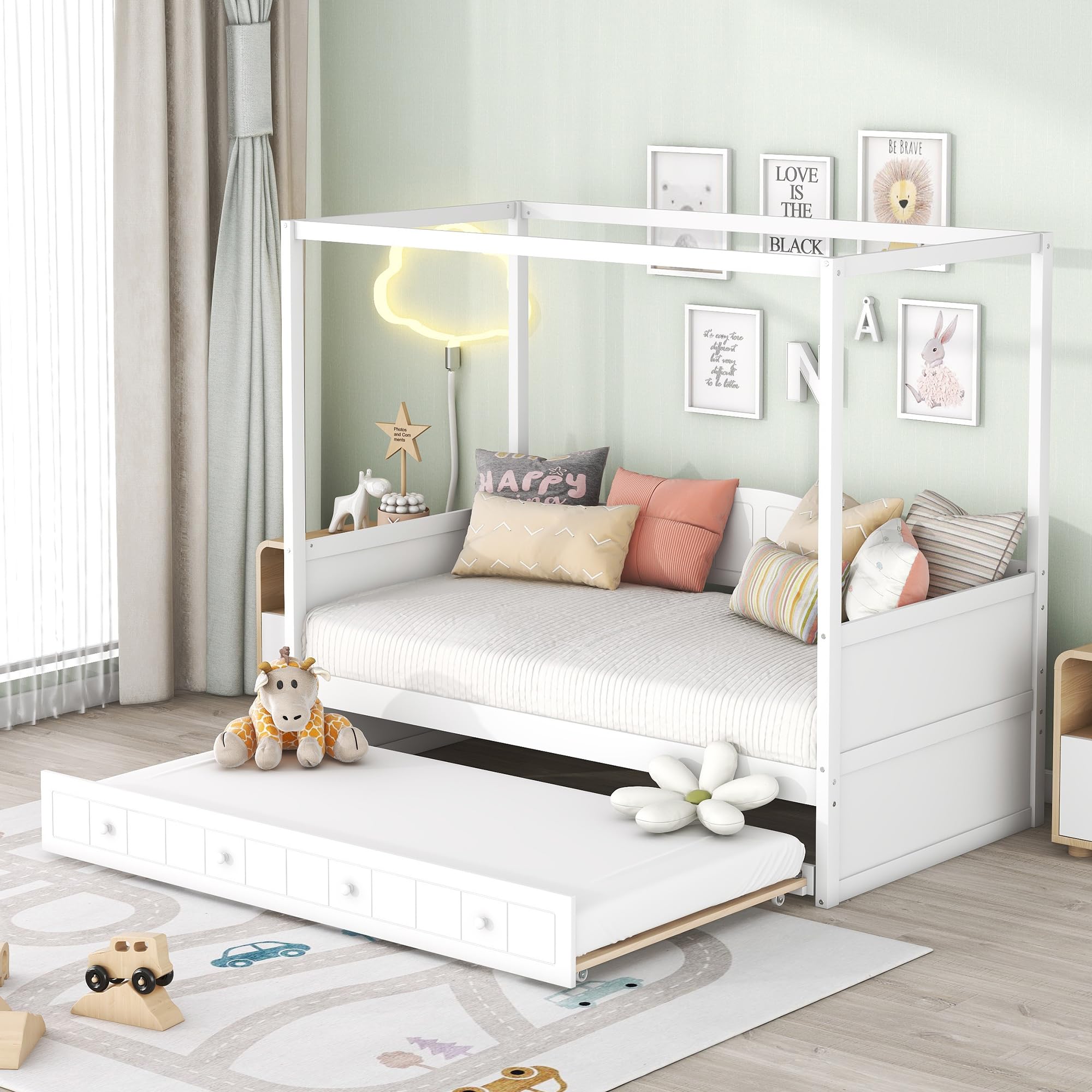 Harper & Bright Designs White Wooden Twin Canopy Bed with Trundle - Daybed & Sofa Bed Frame for Kids, Teens & Adults - No Box Spring Needed - Perfect for Guest Rooms, Dormitories & Small Spaces
