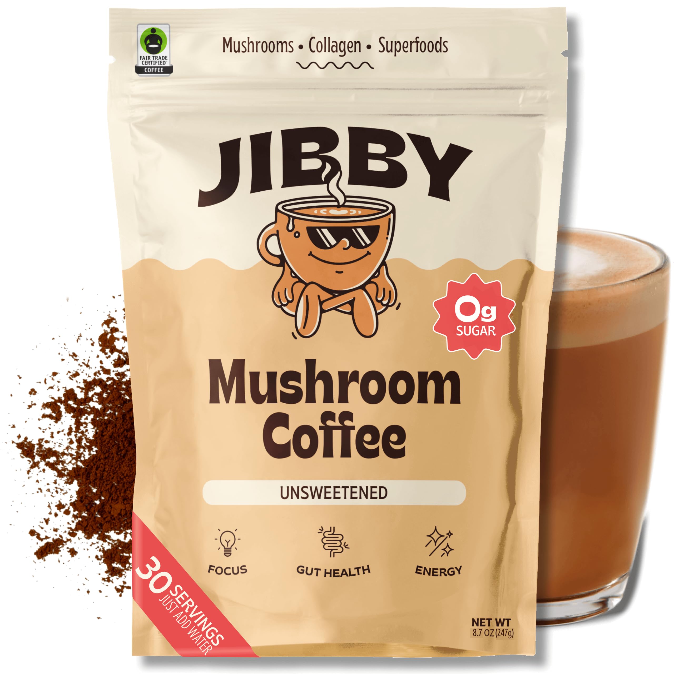 Organic JIBBY Mushroom Coffee with Collagen & MCT Oil - Superfood Energy Boost for Focus & Digestion - Perfect for Busy Mornings & Workouts