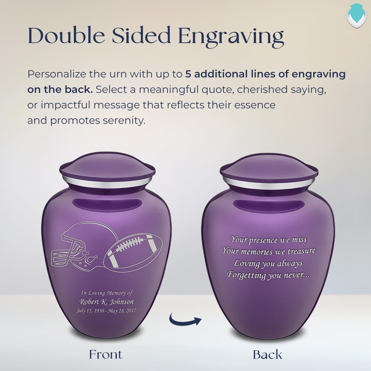 Personalized Football Cremation Urns for Adults - Large Purple Funeral Urn for Men & Women with Double Side Engraving (Holds 200 lbs) | Memorial Keepsake for Sports Lovers & Funeral Services