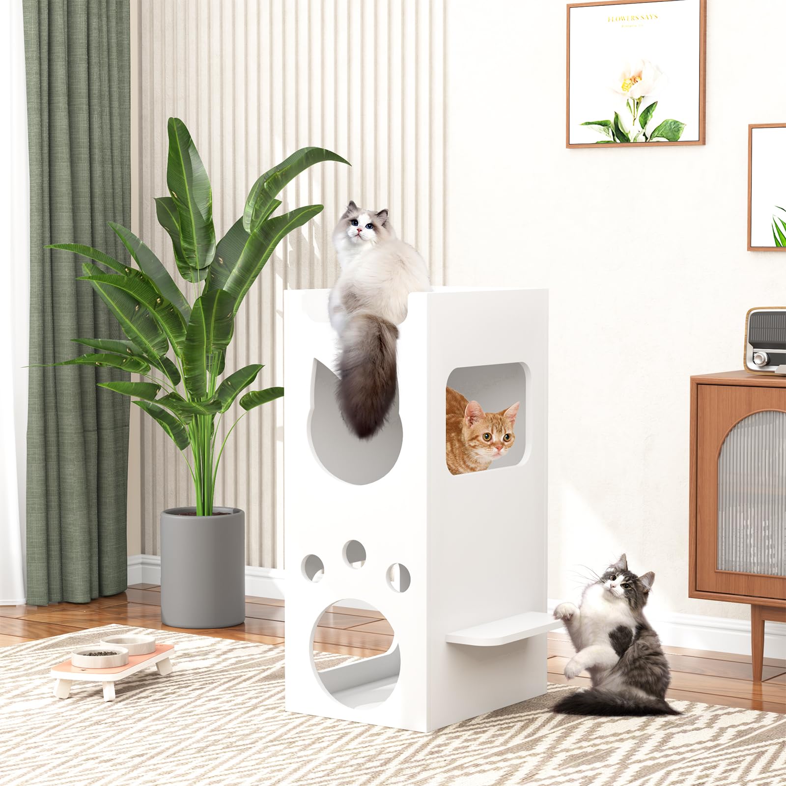 Dosker 2-Tier White Wooden Cat Litter Box Enclosure with Hidden Cat Bed - Indoor Cat House Furniture for Small Spaces, Pet Washroom & Cozy Condo (Perfect for Apartments & Multi-Cat Homes)