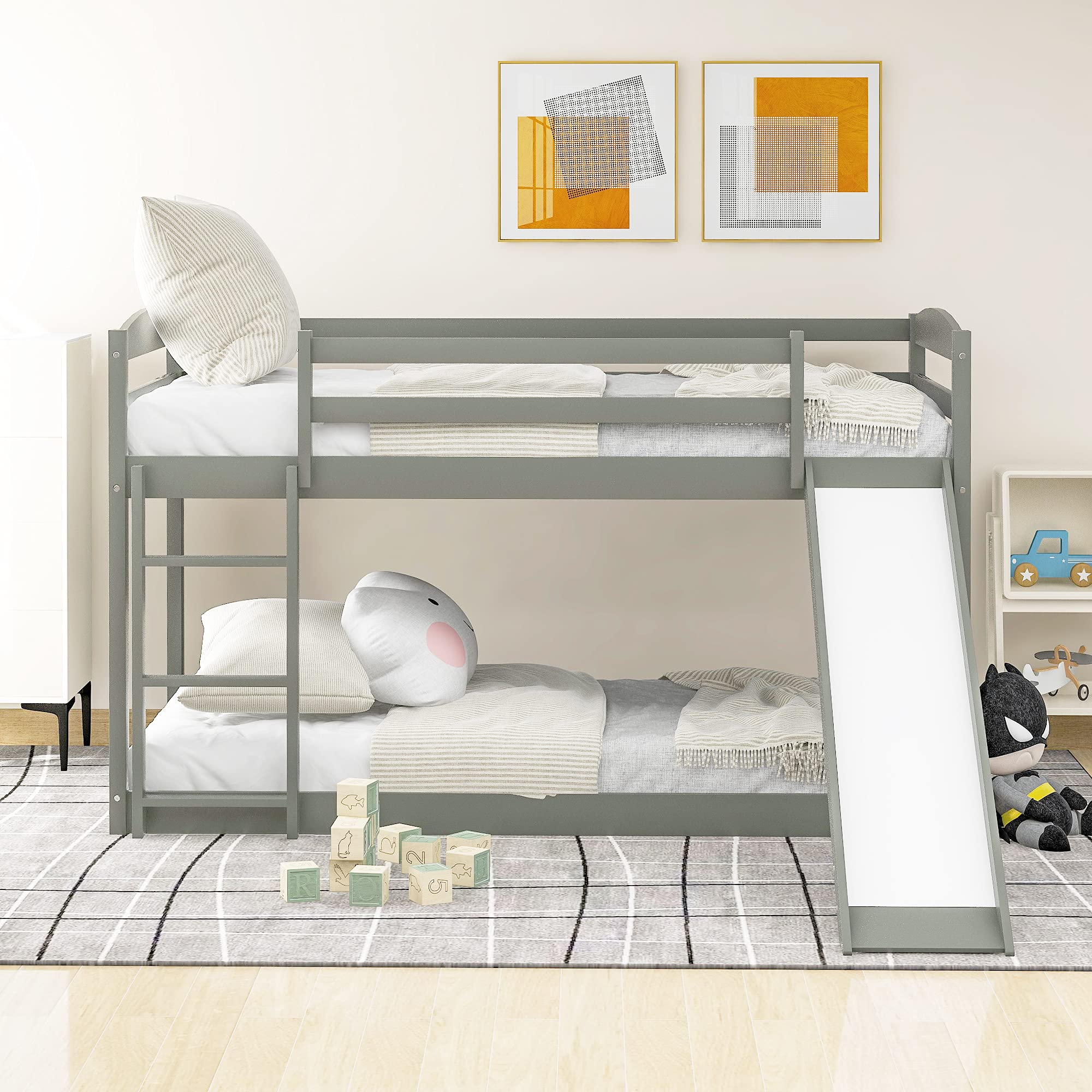 MERITLINE Twin Over Twin Wooden Bunk Bed with Slide & Built-in Ladder - Low Profile Kids Bunk Bed in Grey - Perfect for Small Bedrooms, Shared Kids' Rooms & Sleepovers
