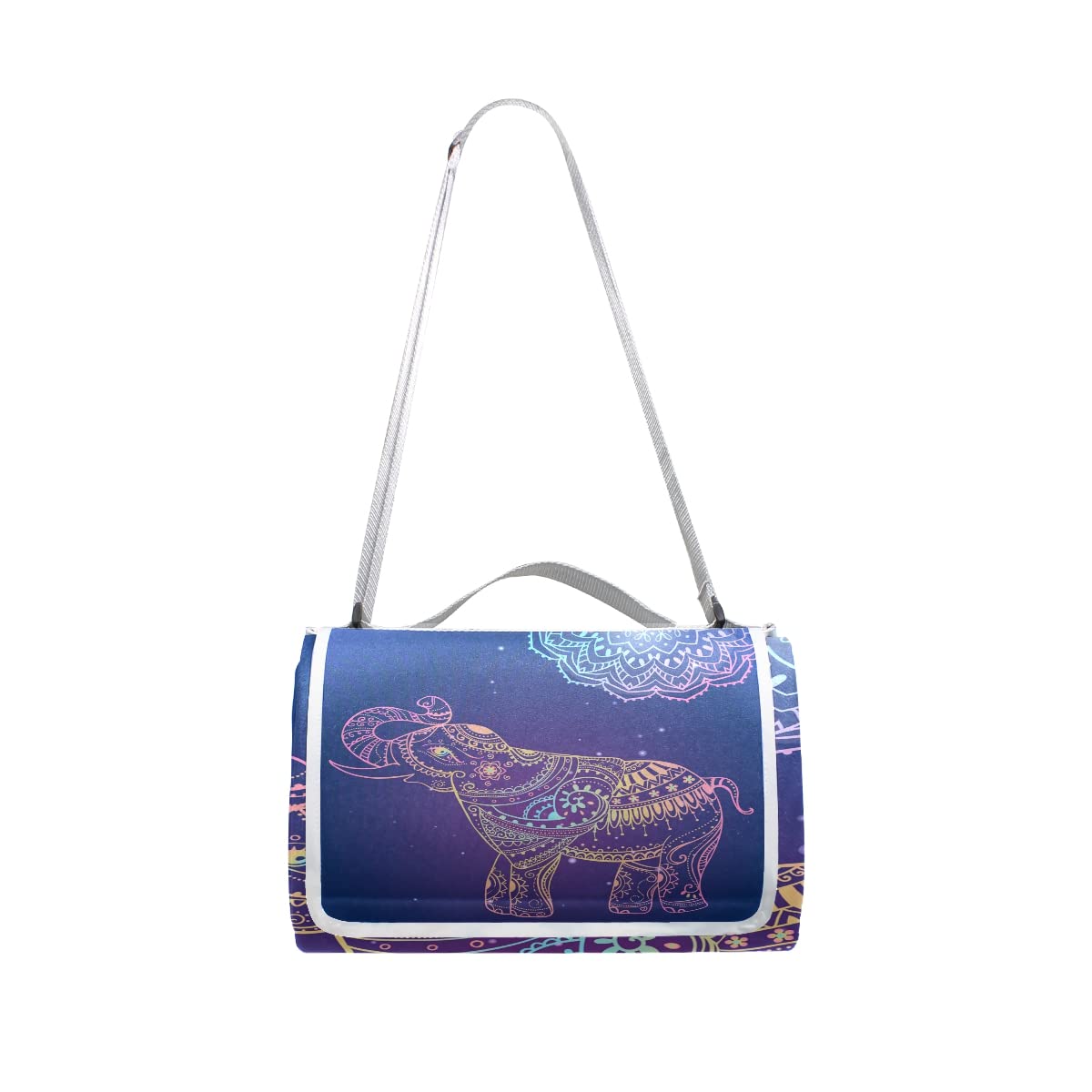 Waterproof Foldable Picnic Blanket - Large 57x59in Outdoor Camping & Beach Blanket with Shoulder Strap, Floral Lotus Elephant Design - Perfect for Picnics, Parks, Beach Outings and Travel Adventures