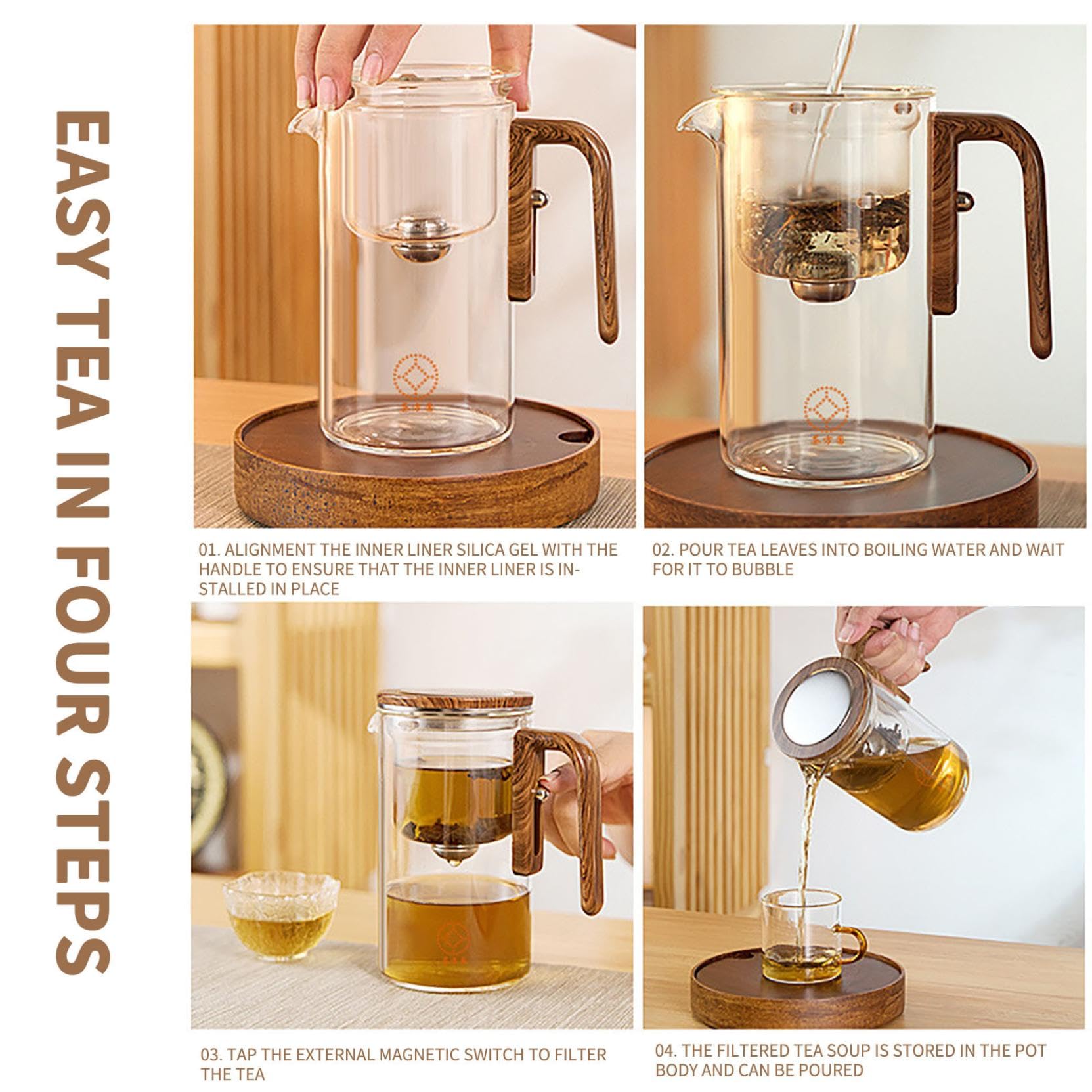 Enchanti Glass Teapot with Wooden Handle - Water Separation Design & Press Control Magic Tea Maker - Perfect for Loose Leaf Tea, Herbal Infusions & Home Tea Ceremonies