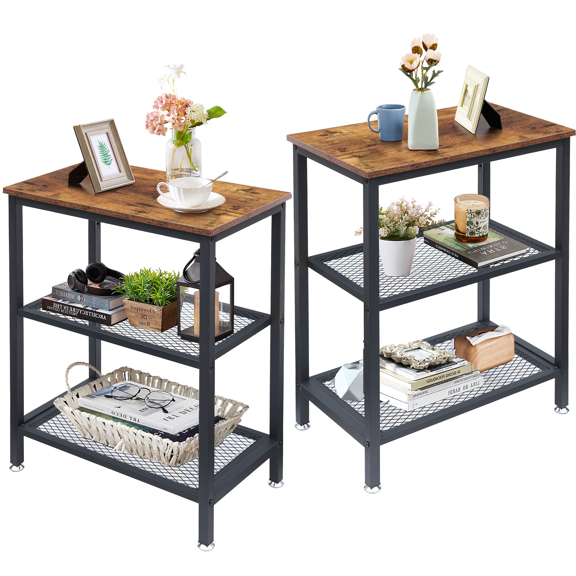 VECELO 3-Tier Industrial End Table with Large Storage - Modern Nightstand, Sofa Table for Living Room & Bedroom - Space Saving Furniture Set of 2 in Brown - Perfect for Small Apartments, Dorms and Home Office Organization