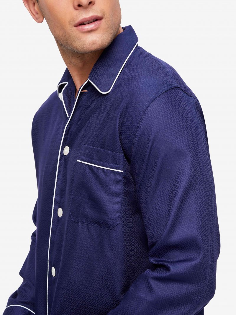 DEREK ROSE Lombard 6 Cotton Jacquard Classic Fit Pajama Set for Men - Navy Blue Sleepwear for Comfortable Nights & Lounge Wear