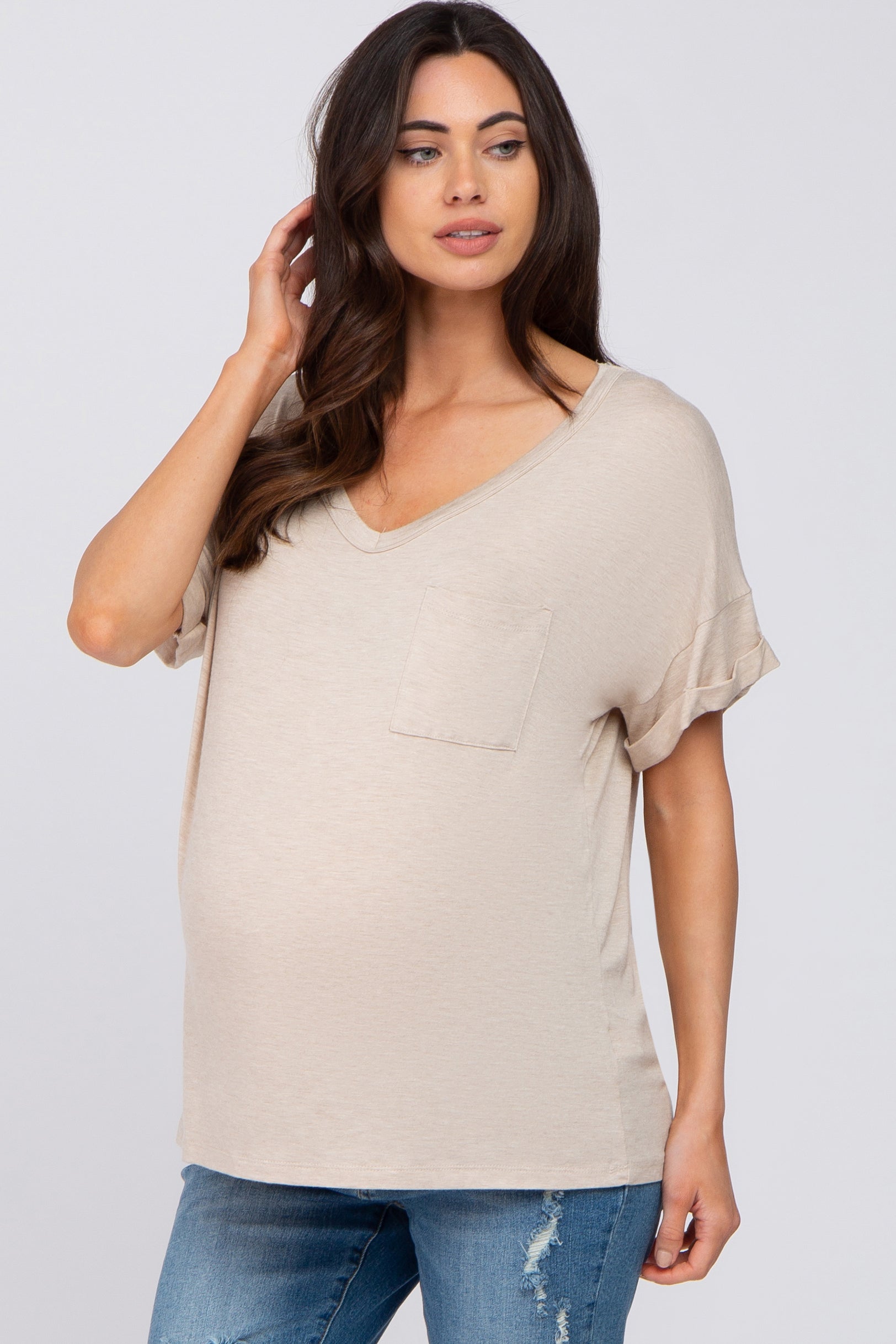 Beige Maternity Top with Front Pocket - Short Sleeve Basic Shirt for Pregnant Women - Perfect for Casual Wear, Office & Maternity Photos