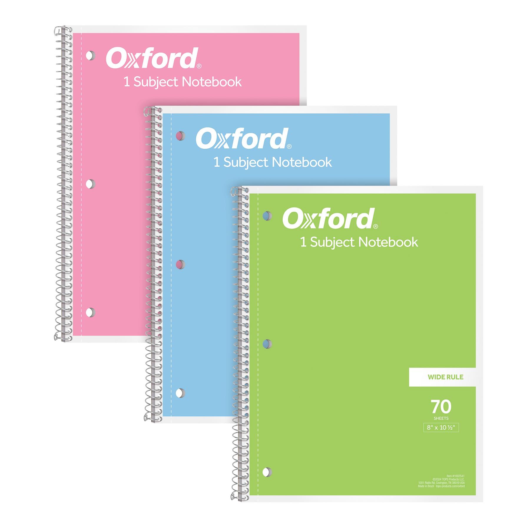Oxford Spiral Notebooks 1-Subject Wide Ruled - 8 x 10.5 Inches 70 Sheets - 3 Pack Pastel Colors for School, College, Office & Journaling (1002541)