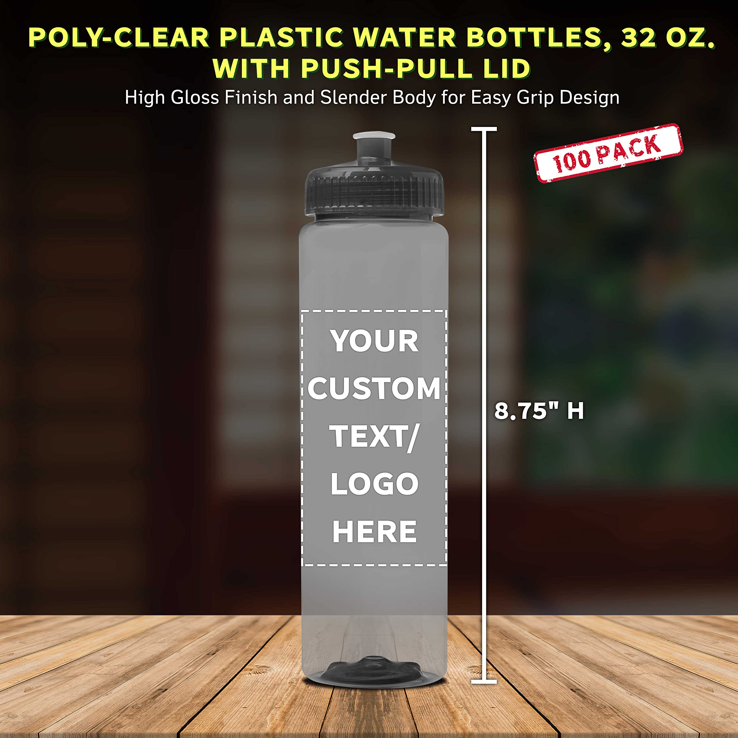 100 Pack 32oz Clear Plastic Water Bottles with Push-Pull Lids - Custom Text & Logo Printing - Durable, Leak-Proof, BPA-Free - Ideal for Sports, Gym, Office & Outdoor Activities - Transparent Smoke Color
