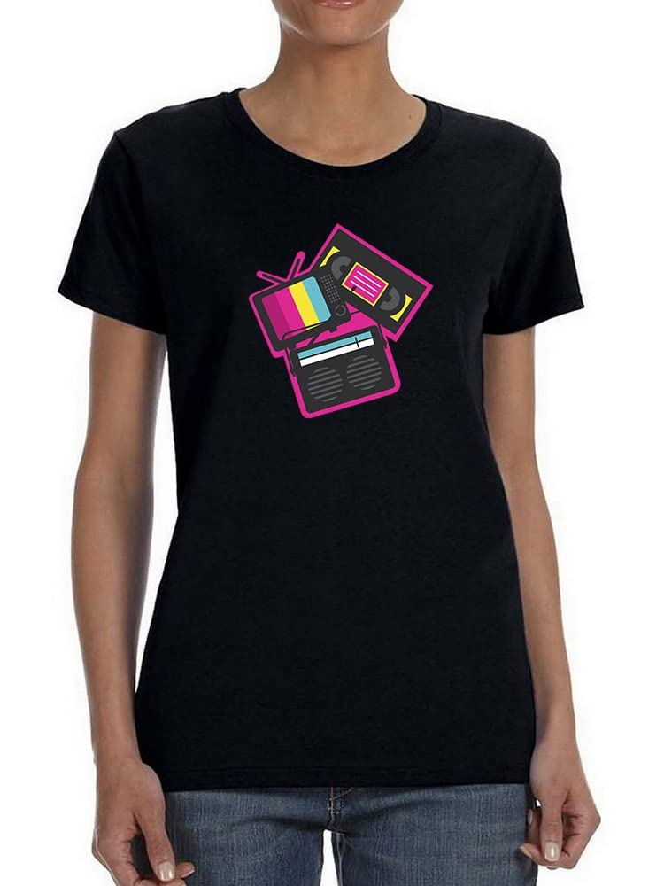 Vintage TV, Radio & Cassette Graphic Women's T-Shirt - Retro Music & Movie Inspired Tee for Casual Wear, Concerts & 90s Theme Parties