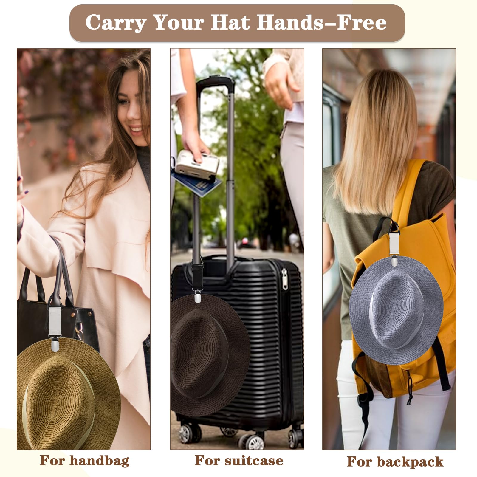 4Pcs Travel Hat Clip - Elastic Hat Holder for Purse, Hands-Free Bag Accessory for Traveling, Backpacks, Purses & Luggage - Perfect for Outdoor Adventures & Airplane Travel