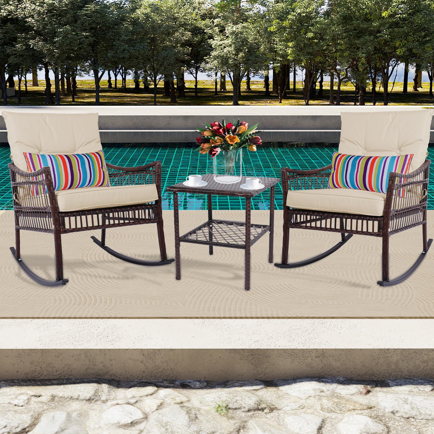 DECMICO 3-Piece Outdoor Patio Furniture Set - Wicker Rocking Chairs with Coffee Table, Rattan Bistro Set for Garden, Balcony, and Backyard - Brown Beige Cushion - Perfect for Relaxing, Entertaining, and Outdoor Dining