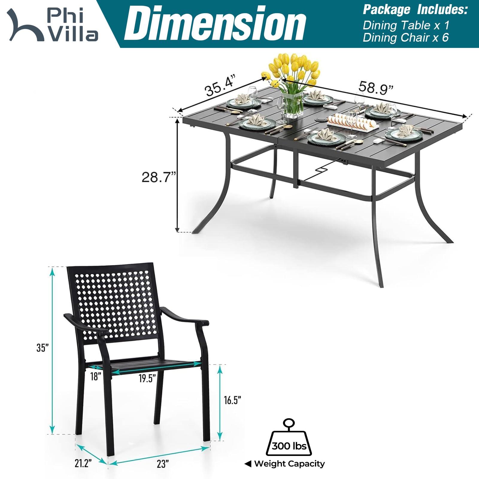 PHI VILLA 7-Piece Outdoor Dining Set - Modern Metal Patio Table with Umbrella Hole & 6 Wrought Iron Chairs - Perfect for Backyard, Garden, Bistro and Poolside Dining
