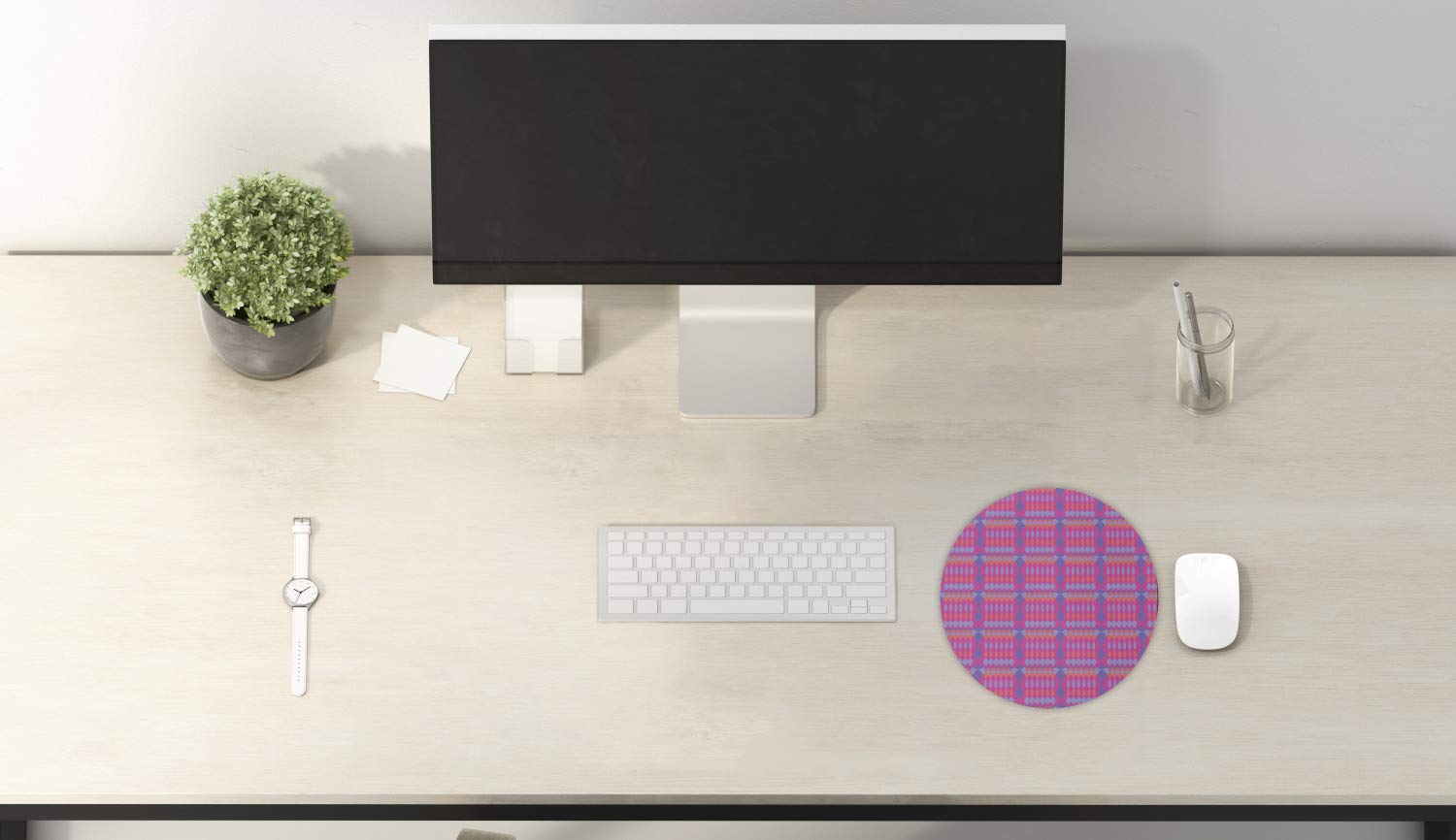 Ambesonne Abstract Non-Slip Gaming Mouse Pad - 8 Inch Round Computer Mousepad with Colorful Oval & Diamond Pattern, Thick Rubber Base for PC, Laptop, Office & Home Use - Magenta Blue Violet Design