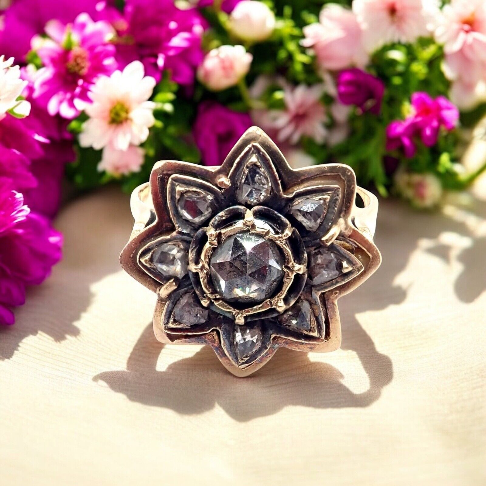 Vintage Karl Faberge 18k Yellow Gold Rose Cut Diamond Flower Ring - Elegant Antique Jewelry for Women, Perfect for Weddings, Anniversaries & Special Occasions