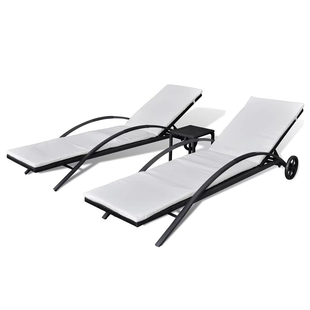 Outdoor Balcony Lounger with Coffee Table - Padded Rattan Sun Lounger Set for Patio, Garden or Poolside Relaxation (Black)