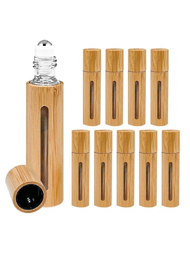 10Pcs 10ml Bamboo Essential Oil Roller Bottles with Stainless Steel Roller Ball - Refillable Travel Perfume & Massage Oil Containers for Aromatherapy, DIY Lip Gloss & Skincare Samples | Portable Eco-Friendly Solution for Home, Office & On-The-Go Use