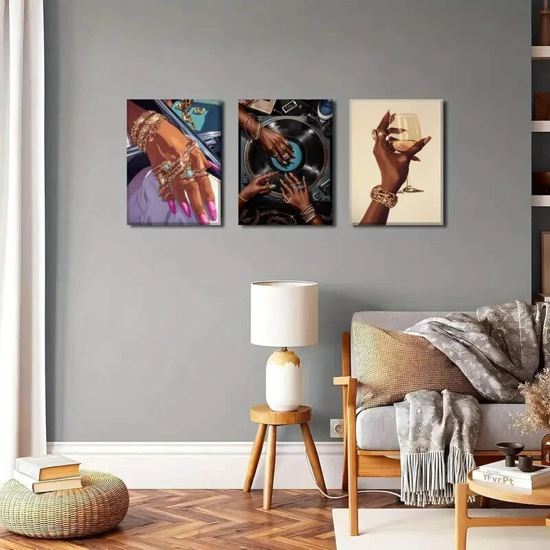 3-Piece Black Girl Song Lover Art Deco Metal Wall Art Prints - Ready to Hang Music Themed Home Decor for Bedroom, Living Room & Office