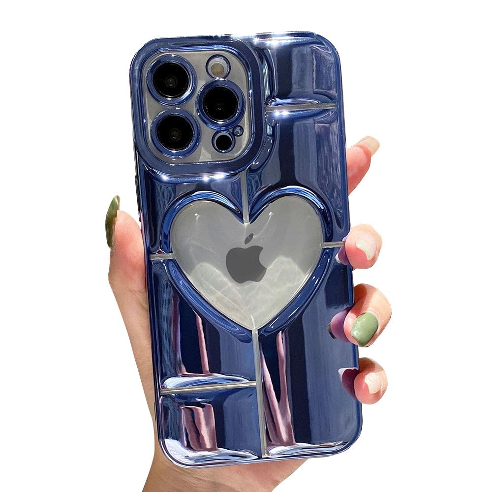 Premium Luxury Electroplated Heart-Shaped Hollow iPhone 15 Case - Shockproof Soft TPU Cover with Camera Lens Protection (Blue) | Perfect for Valentine's Gifts, Date Nights & Romantic Occasions