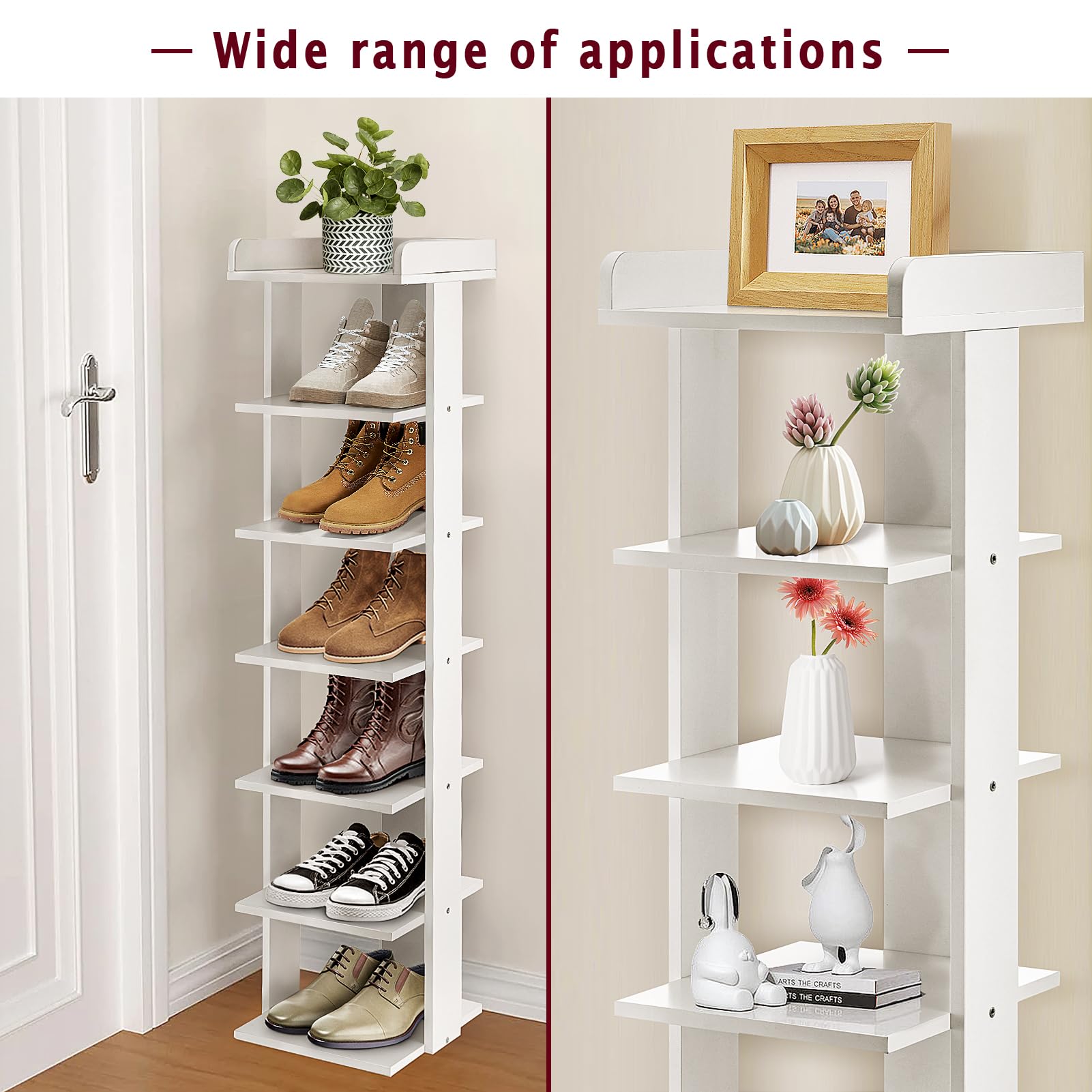 7-Tier Narrow Shoe Rack Organizer - Tall Vertical Shoe Storage Cabinet, Slim Wooden Shelf for Entryway, Hallway & Closet - Quick Assembly Free Standing Shoe Tower (White) - Perfect for Small Spaces & Apartment Living