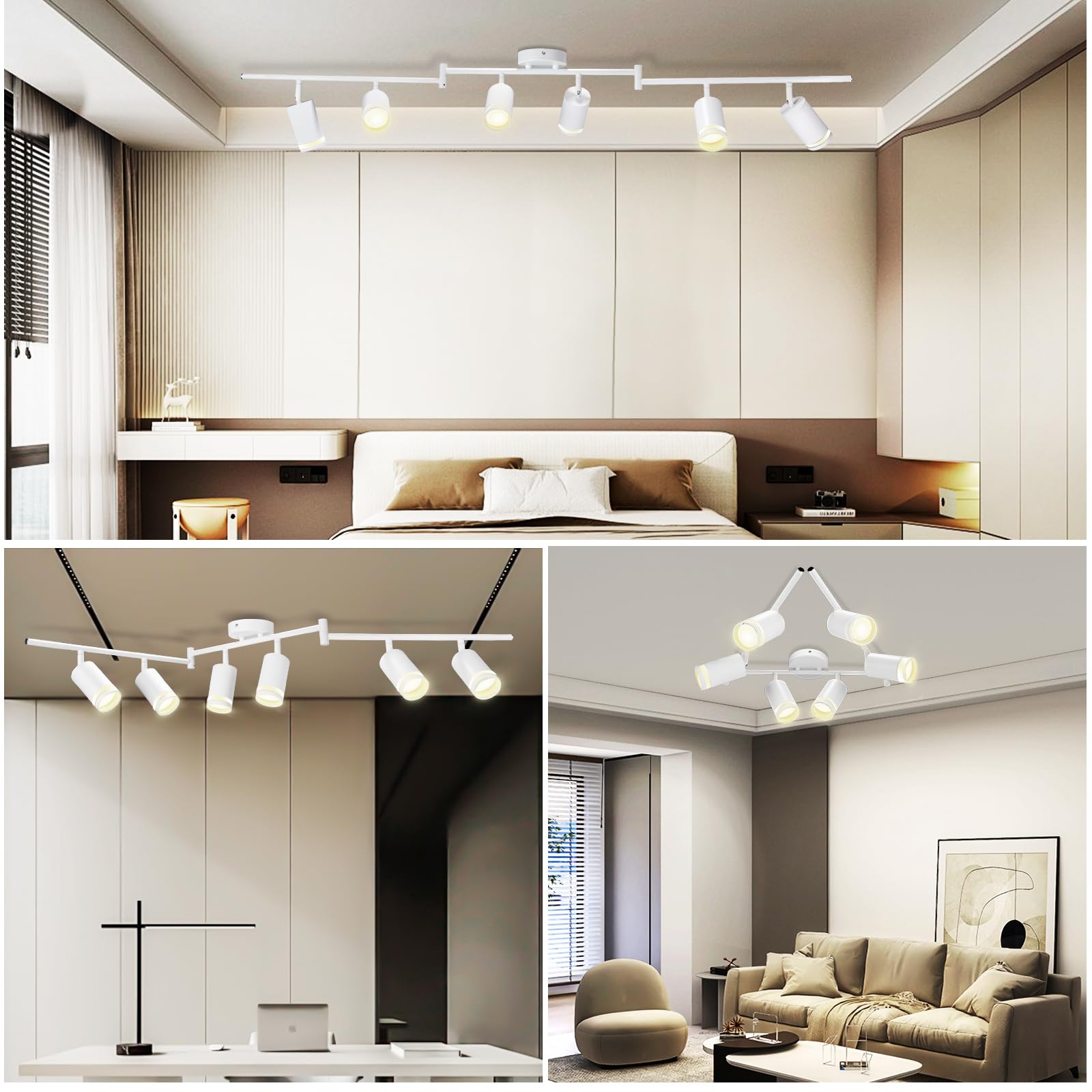 6-Light LED Track Lighting Kit - Flexible Rotatable GU10 Fixtures for Ceiling, Matte White (Bulbs Not Included) - Perfect for Kitchen Lighting, Home Office, Laundry Room & Modern Interior Design