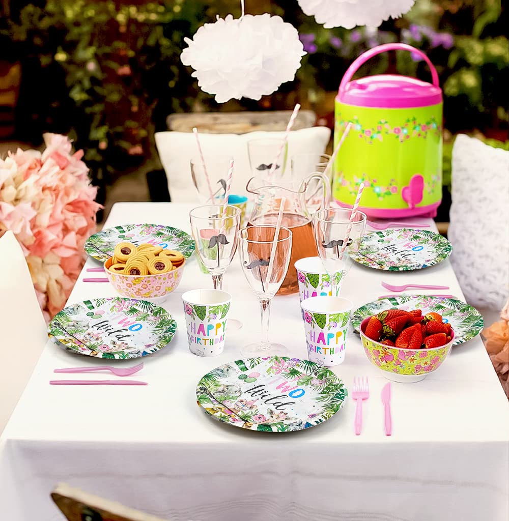 Two Wild Safari Jungle Theme 2nd Birthday Party Supplies - 24-Piece Dinnerware Set with Plates, Cups, Napkins, Tablecloth, Straws & Cutlery | Perfect for Girls' Birthday Party Decorations & Jungle-Themed Celebrations