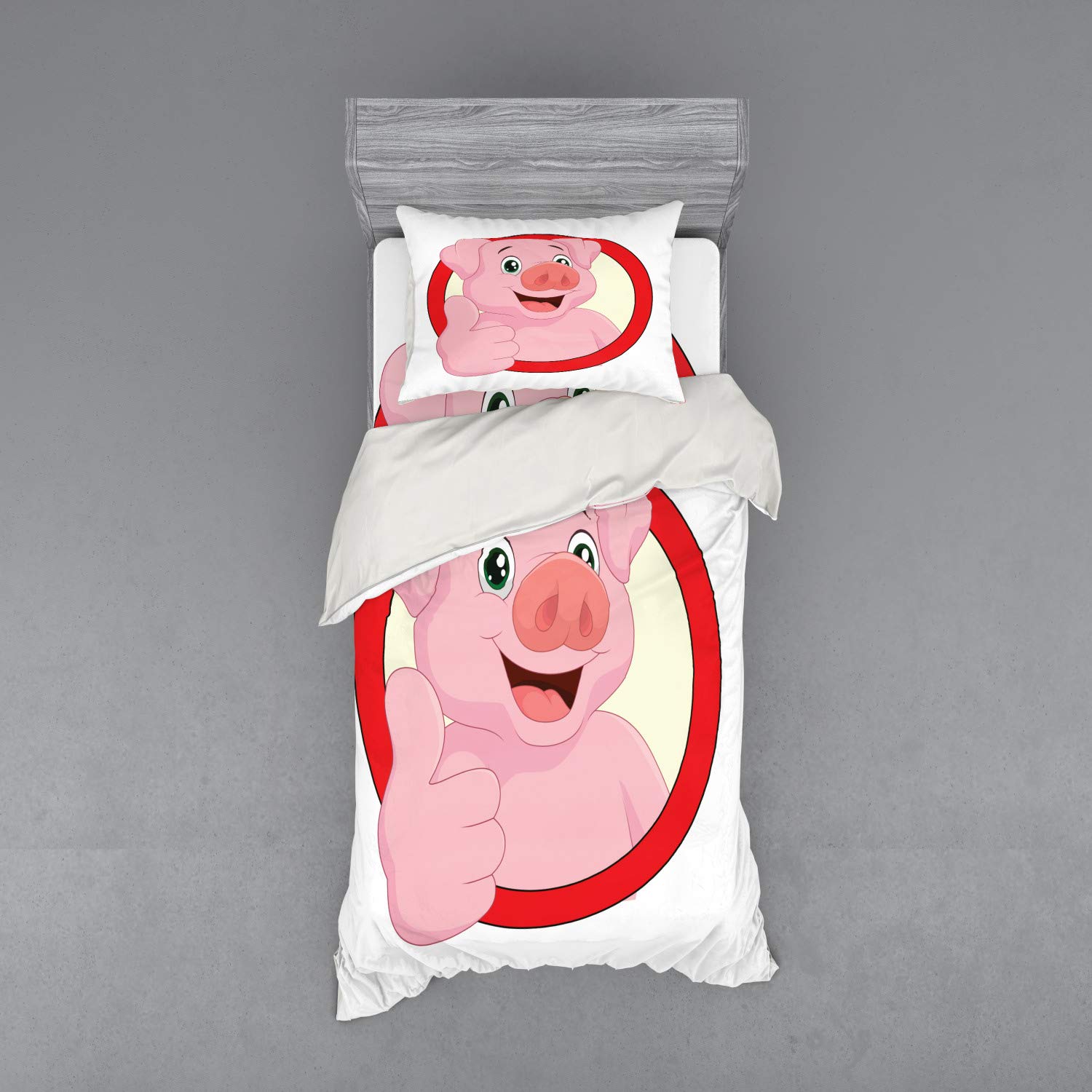 Ambesonne Cartoon Pig Mascot Bedding Set - 3 Piece Duvet Cover with Sham & Fitted Sheet, Twin Size in Pale Pink Beige Vermilion - Cute Animal Illustration for Kids Room, Nursery Decor or Gift Idea