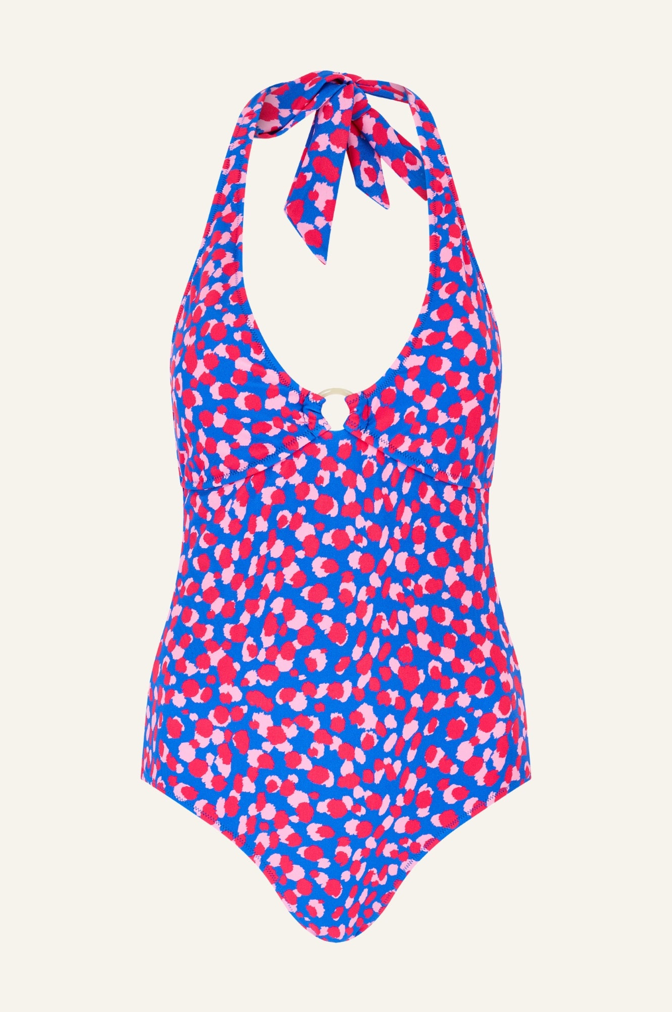 Eco-Friendly Recycled Halterneck Swimsuit | Abstract Cheetah Print in Cobalt Blue & Pink | Perfect for Beach Vacations, Pool Parties & Summer Getaways