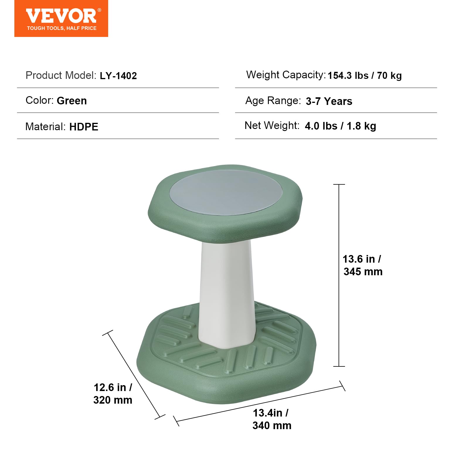 VEVOR Kids Wobble Chair with Sponge Cushion - Adjustable Active Stool for Improved Focus & Posture, Calming Sensory Seat for Ages 3-7, Green - Perfect for Classrooms, Homeschooling & ADHD Therapy