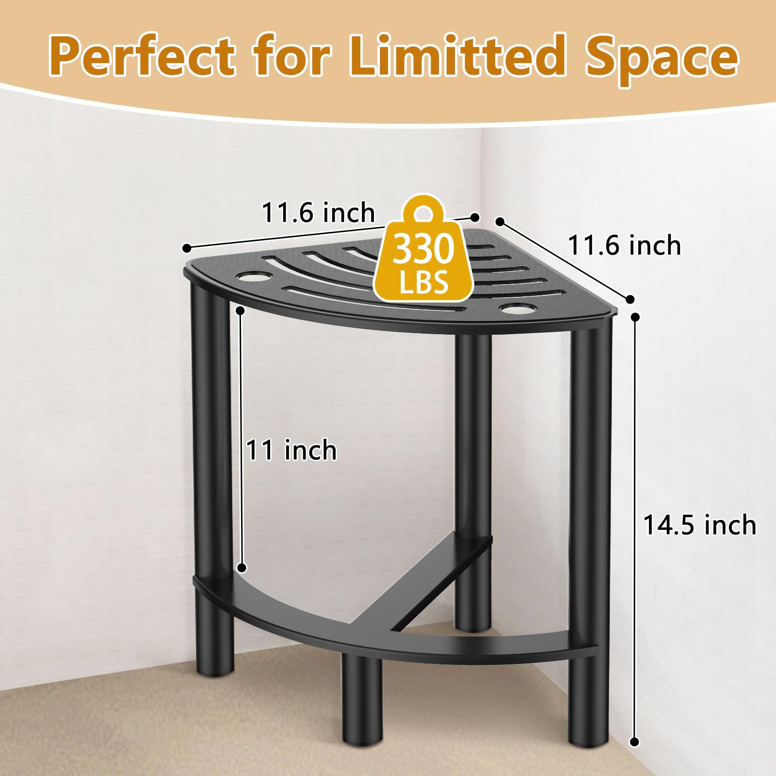 YUOROS Metal Shower Bench - Waterproof Shaving Stool with Non-Slip Feet for Elderly & Disabled - Compact Corner Shower Seat for Bathroom Safety (Ideal for Leg Shaving, Foot Care & Relaxation)