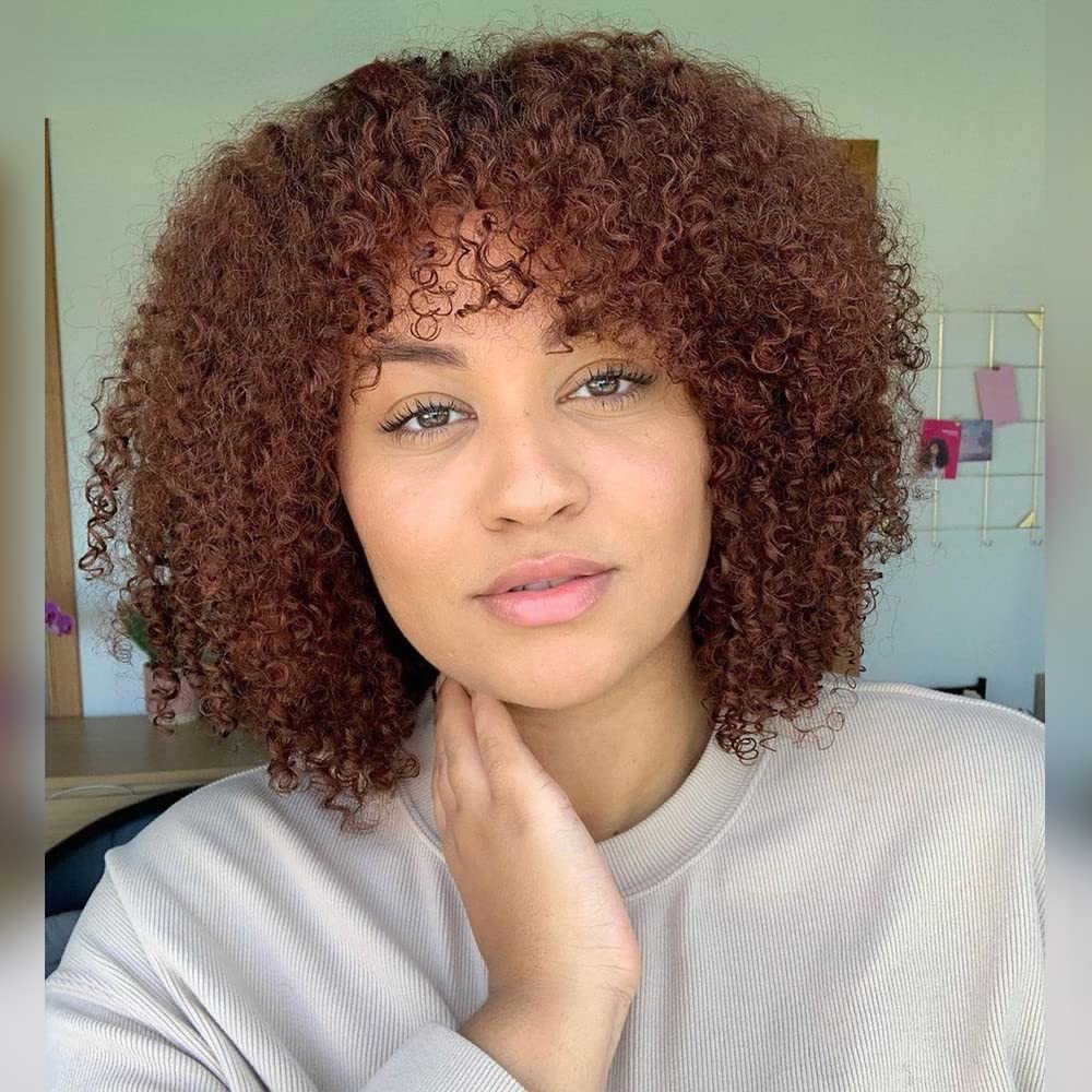 Ombre Brown Short Bob Curly Wig with Bangs - 180% Density Human Hair Wig for Black Women | Jerry Curly Pixie Cut | Afro Curly Remy Hair Wig (Dark Brown Roots) - Perfect for Daily Wear, Parties & Cosplay