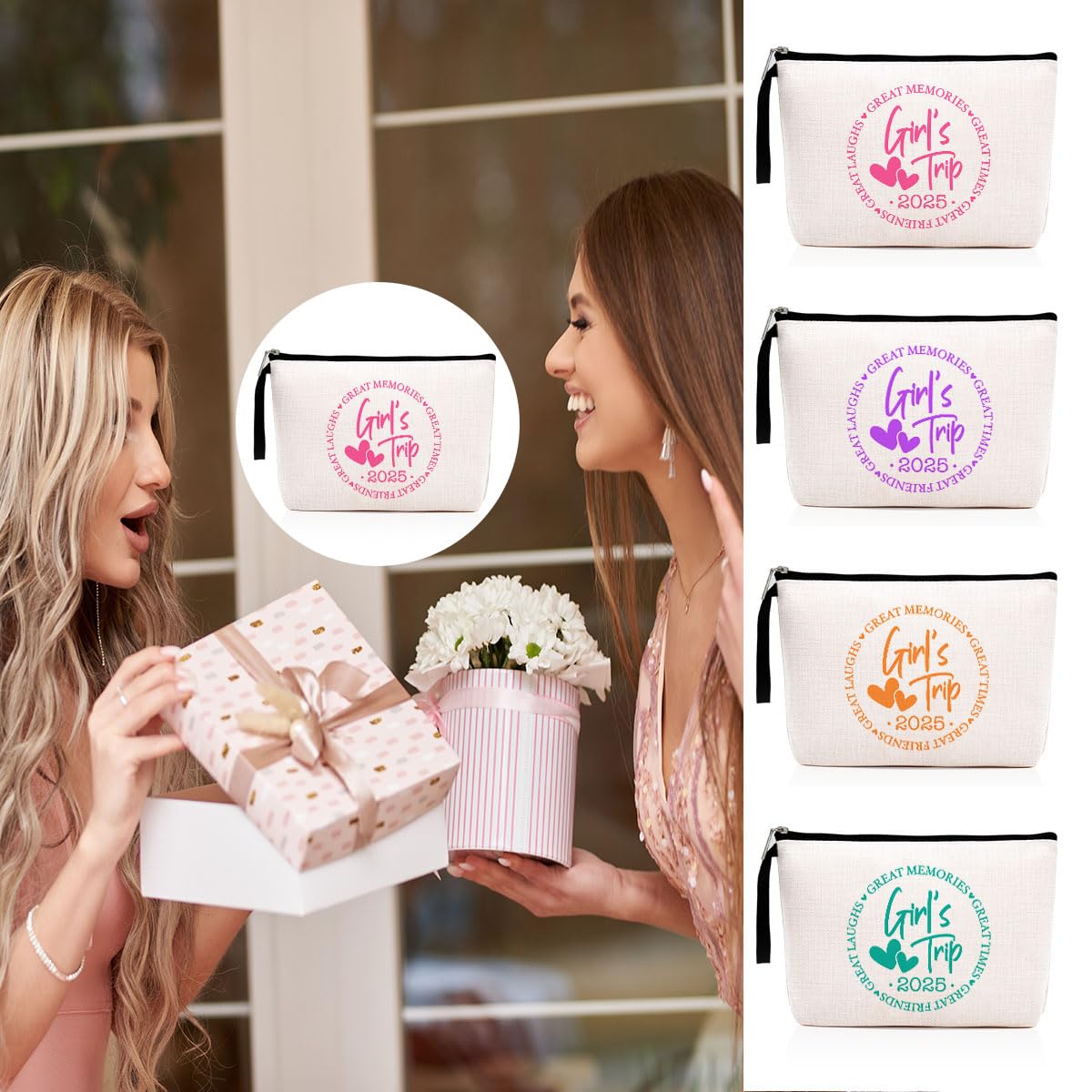 4Pcs Girls Weekend Travel Makeup Bags - Cute Cosmetic Zipper Pouches for Women, Bridesmaids & Bachelorette Parties | Perfect Friendship Gifts, Wedding Favors & Vacation Essentials (2025 Collection) - Ideal for Beach Trips, Spa Days & Girls Getaways