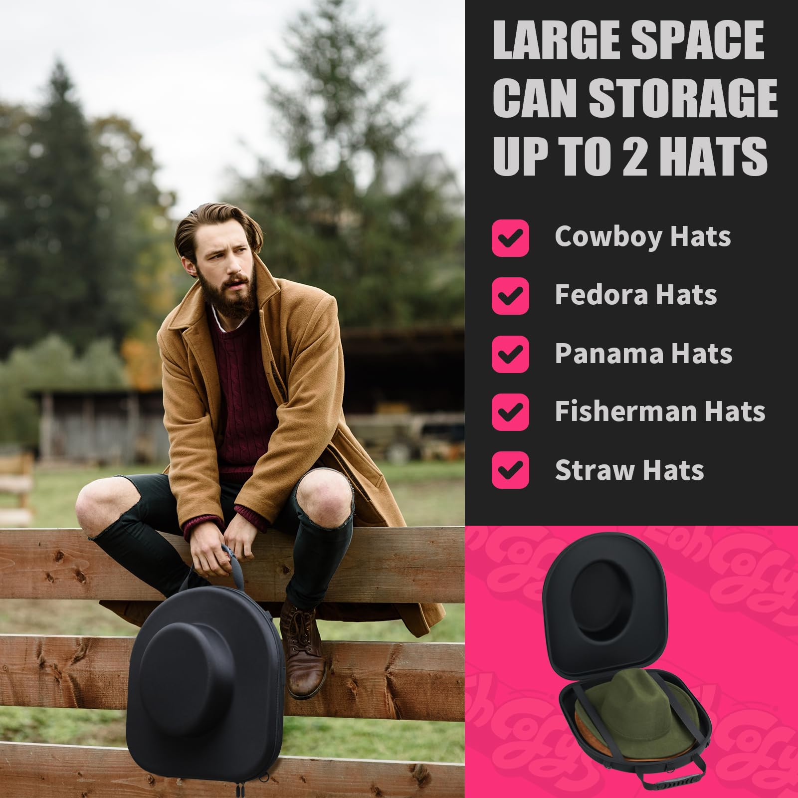 Crush Proof Cowboy Hat Travel Case - Durable Fedora & Panama Straw Hat Carrier (17x15) for Airplane, Road Trips & Outdoor Adventures