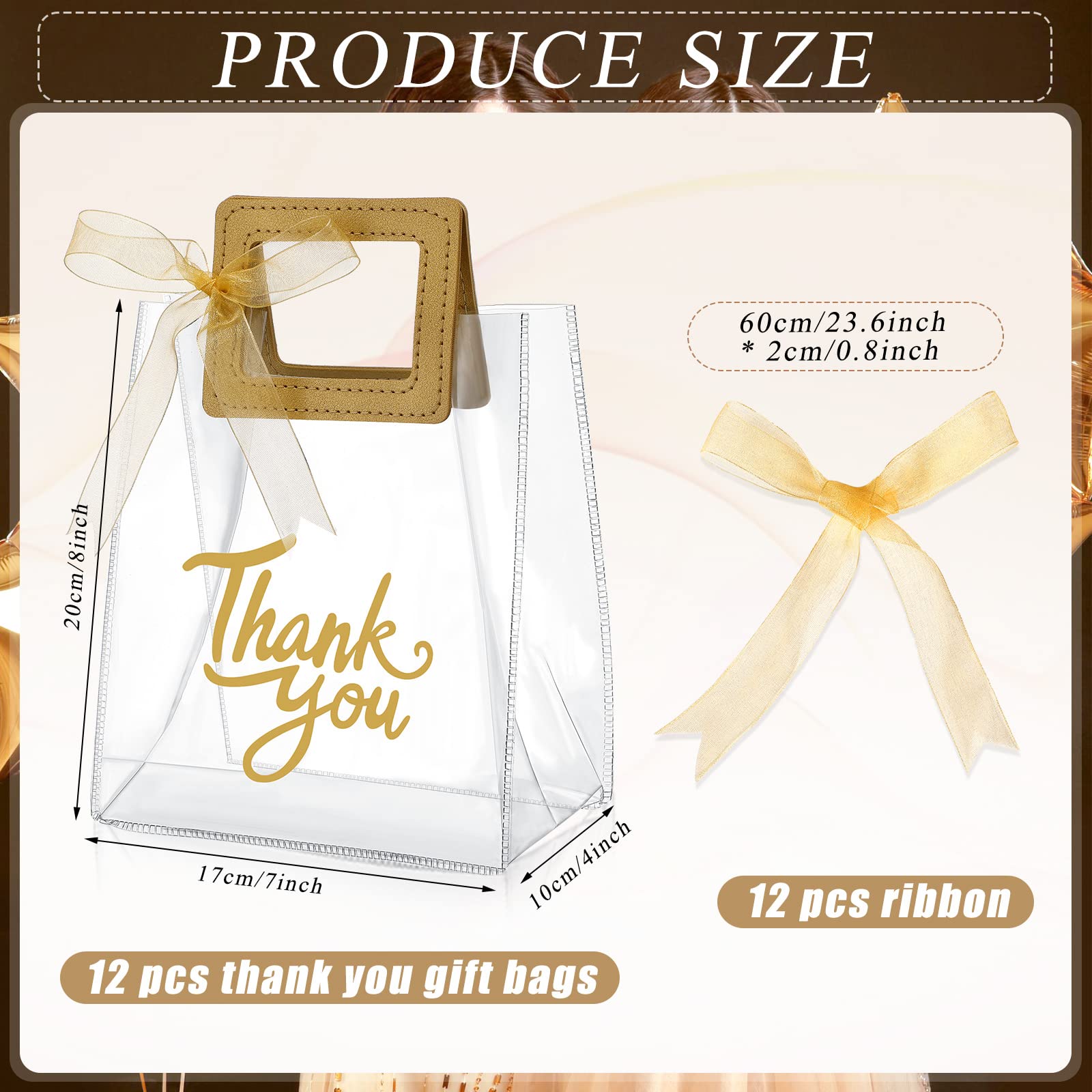 Sabary 12 Pack Clear PVC Gift Bags with Handles - 7x4x8 Inch Reusable Heavy Duty Transparent Tote Bags for Thank You Gifts, Bridal Showers, Baby Showers, Weddings & Birthdays (Gold) - Perfect for Party Favors, Retail Packaging & Event Decorations