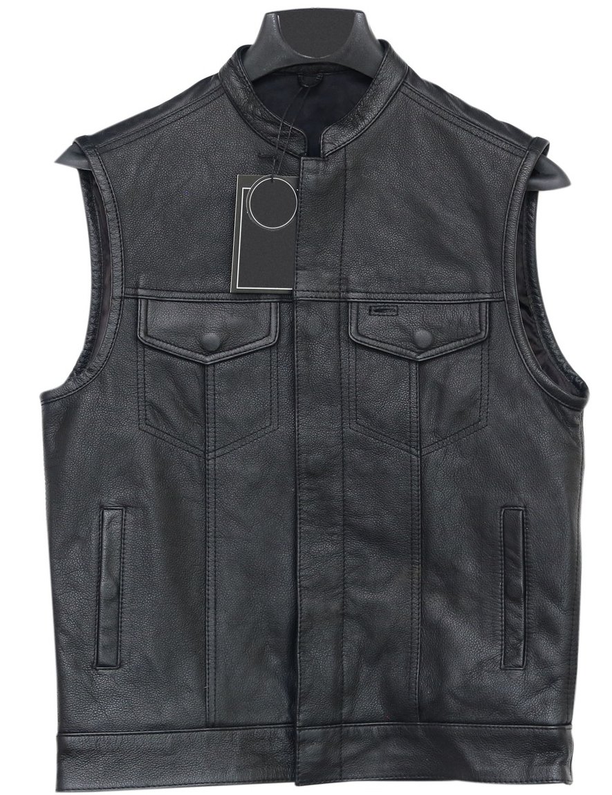 Men's Motorcycle Leather Vest with Zipper & Button Closure, Gun Pockets, MC Club Style, 1 Panel Back - Size 8XL (70