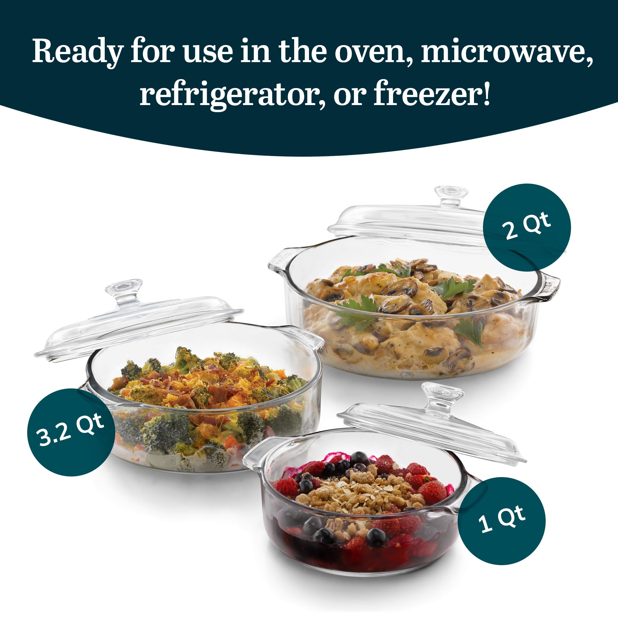 Libbey 56030 Baker's Basics 3-Piece Covered Casserole Set - Lead-Free Clear Glass Baking Dishes for Oven, Microwave & Fridge | Perfect for Casseroles, Lasagna, Meal Prep & Leftovers