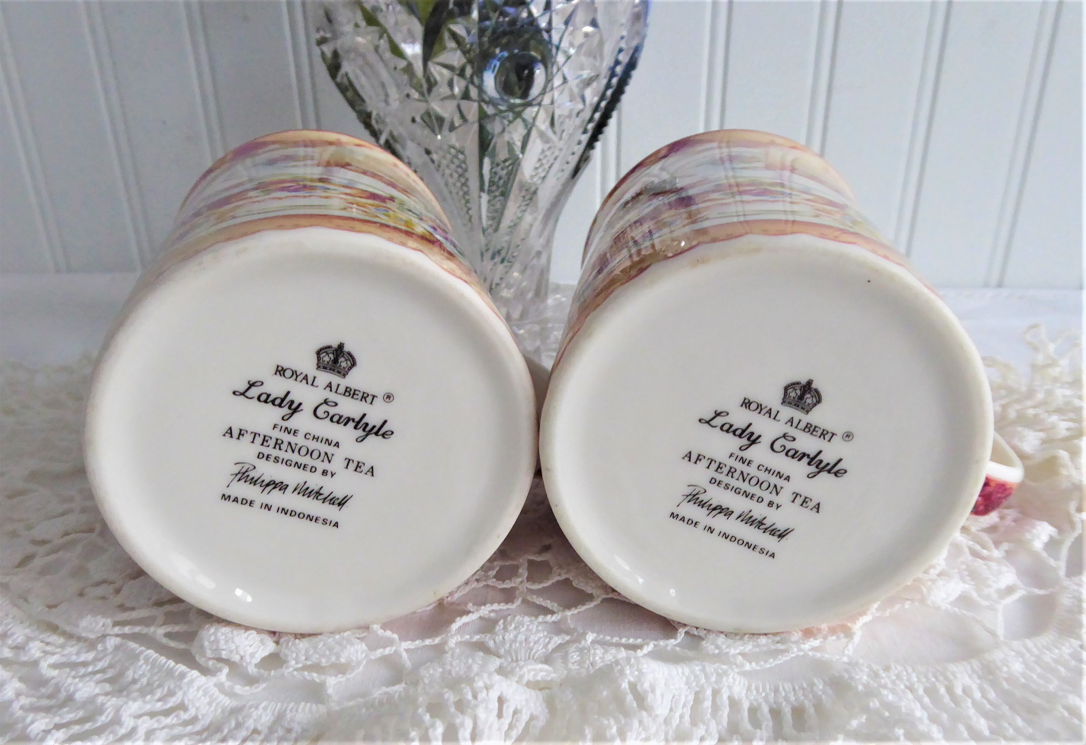 Royal Albert Lady Carlyle Collage Mug Pair - Elegant Afternoon Tea Set, Floral Bone China Tea Cups with Saucers - Perfect for English Tea Parties, Bridal Showers & Gift Giving