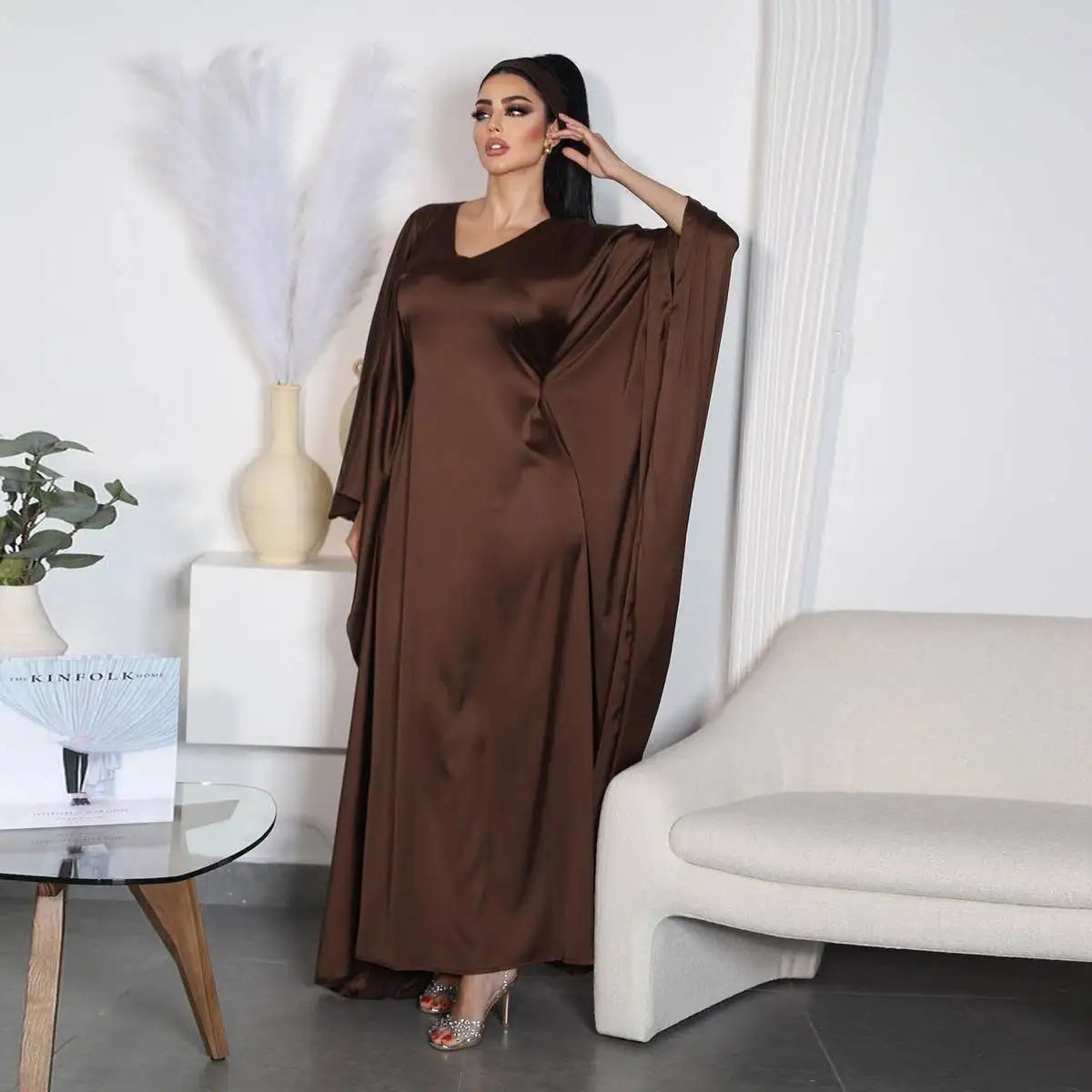 Elegant Coffee Satin Batwing Sleeve Farasha Abaya Dress for Women - Modest Islamic Fashion for Prayer, Wedding & Special Occasions