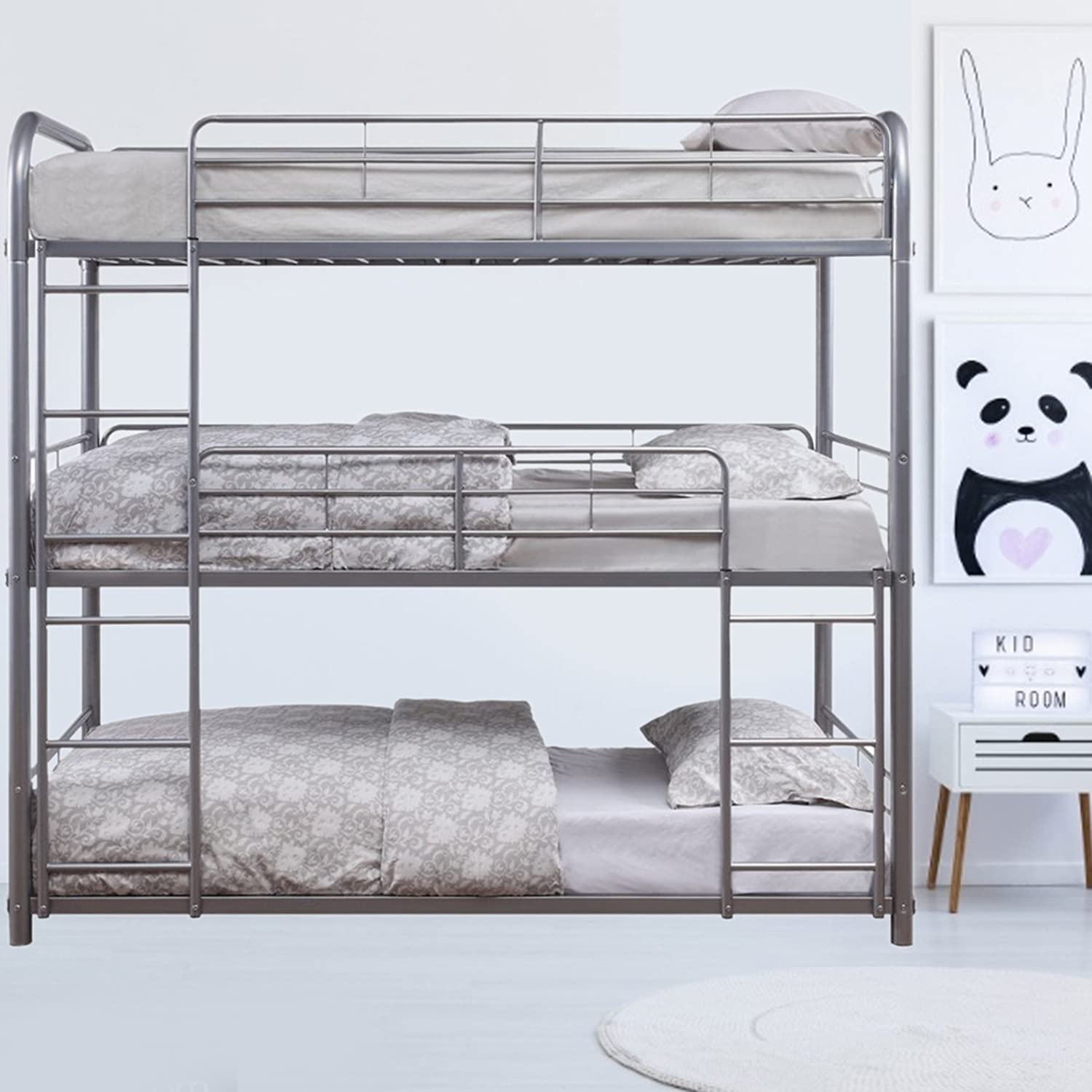 Sturdy Metal Triple Bunk Bed - Twin Over Full with Attached Loft Bed Frame | Safe Design with Ladders & Guardrails for Kids, Teens & Adults | Space-Saving Solution for Dorms, Guest Rooms & Small Apartments (Silver)