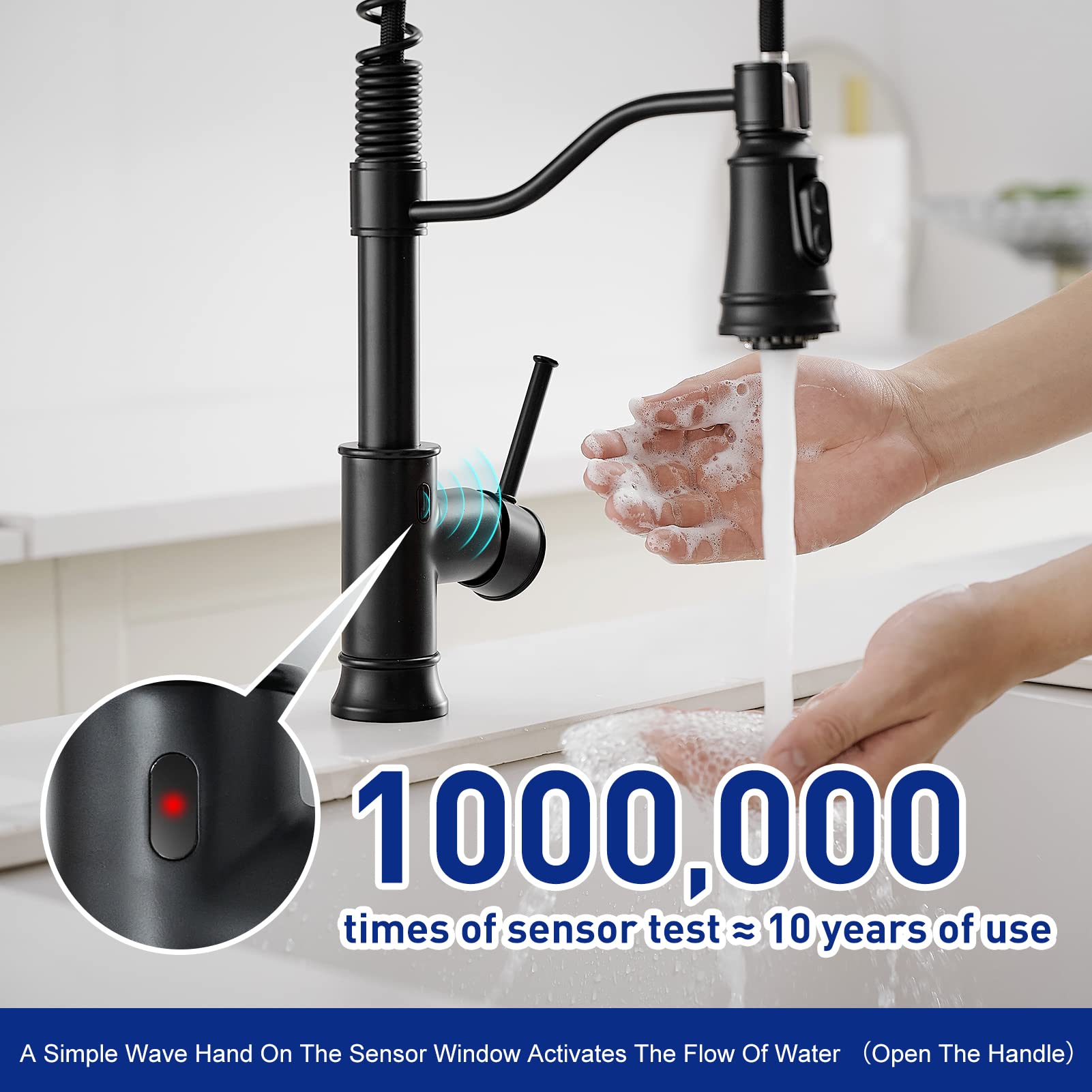 Matte Black Touchless Kitchen Faucet - WOJIUBUXIN Motion Sensor Smart Sink Faucet with Pull Down Sprayer, Single Handle Hands-Free Commercial Faucet for Modern Kitchens, Restaurants & Food Prep Areas
