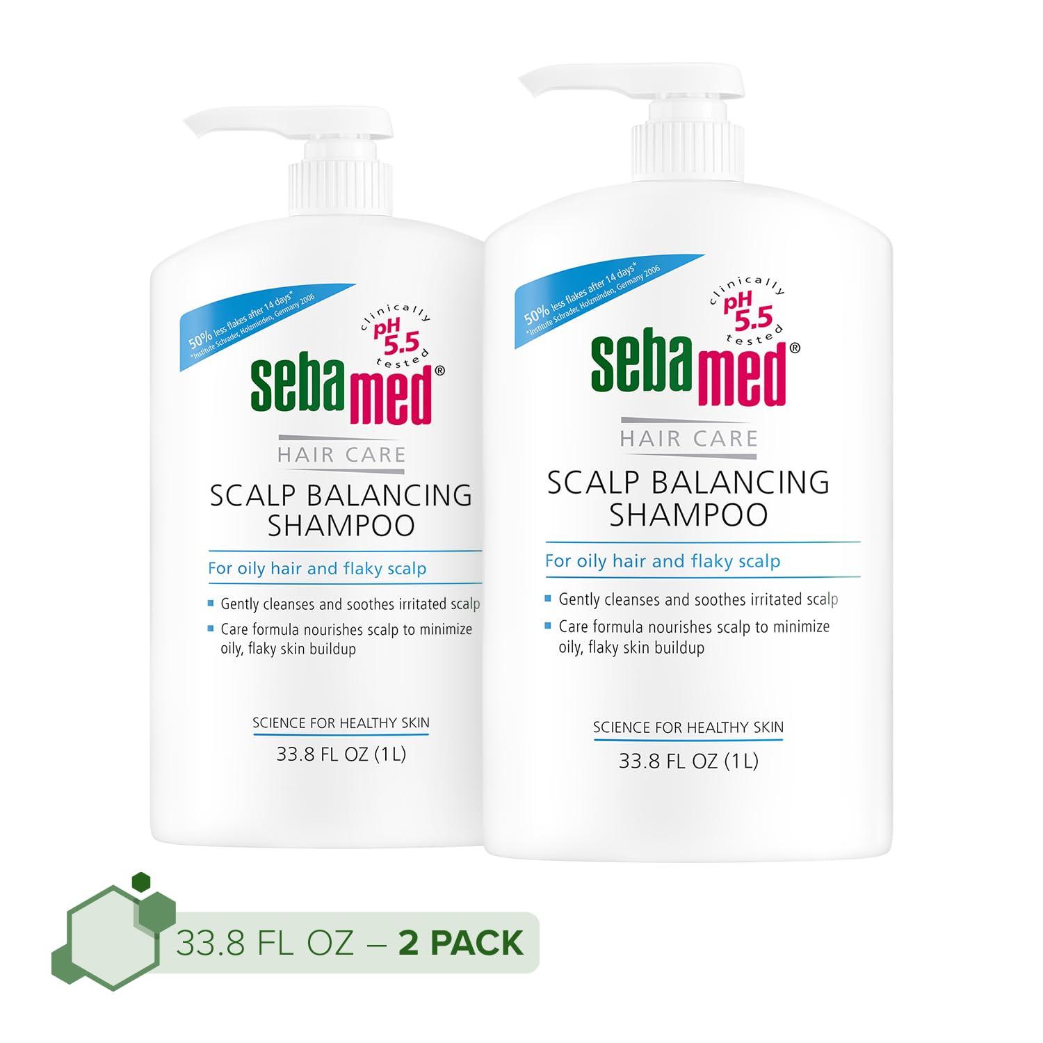 Sebamed Scalp Balancing Shampoo for Oily Hair & Dandruff Control - Gentle pH 5.5 Formula for Flaky Scalp Relief - 33.8 fl oz (1 Liter with Pump) Pack of 2 - Ideal for Daily Hair Care & Sensitive Scalp Treatment