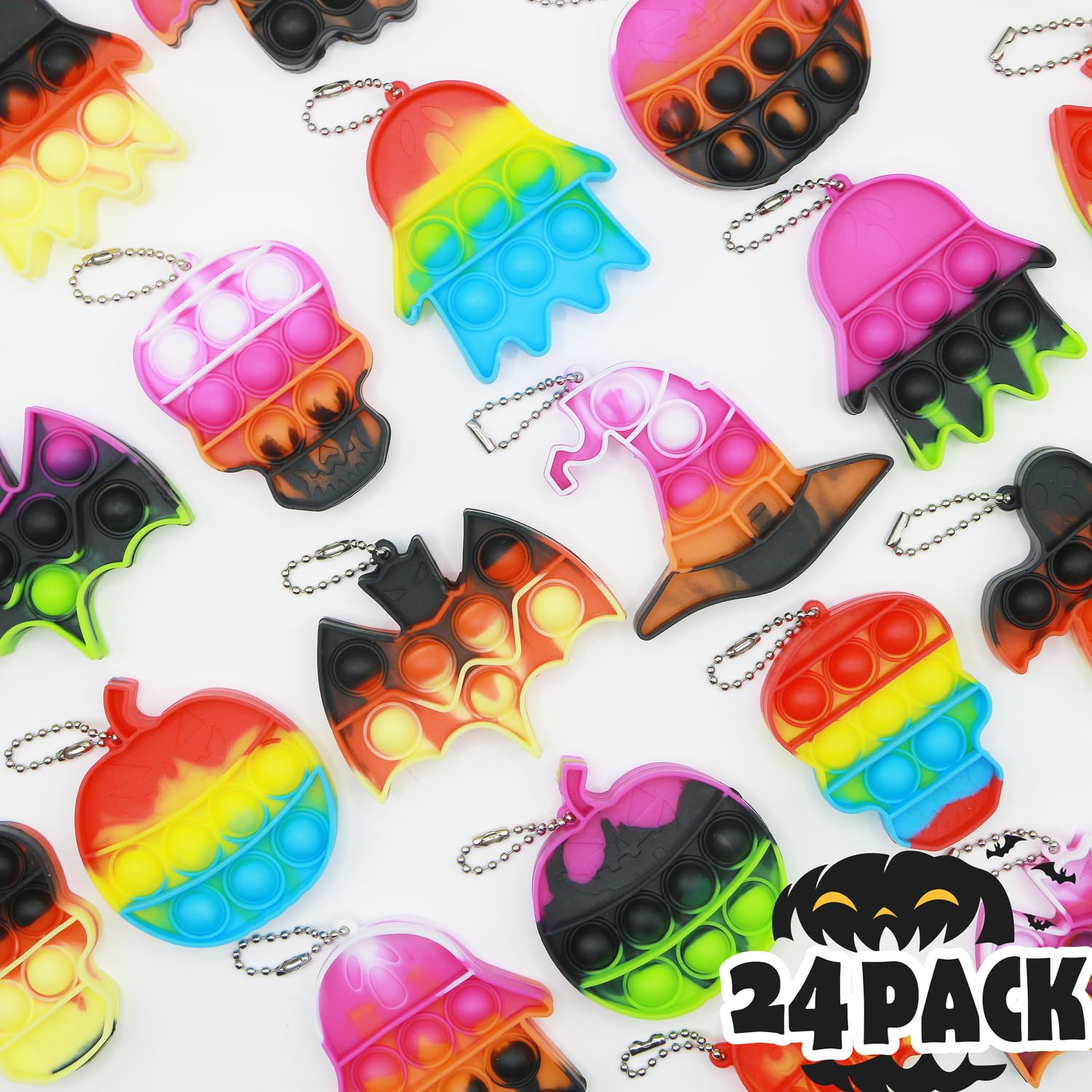 Halloween Party Favors for Kids - 24 Pack Mini Pop Bubble Fidget Toys with Keychain, Bulk Halloween Sensory Toys for Stress Relief - Perfect for Classroom, School, and Party Giveaways