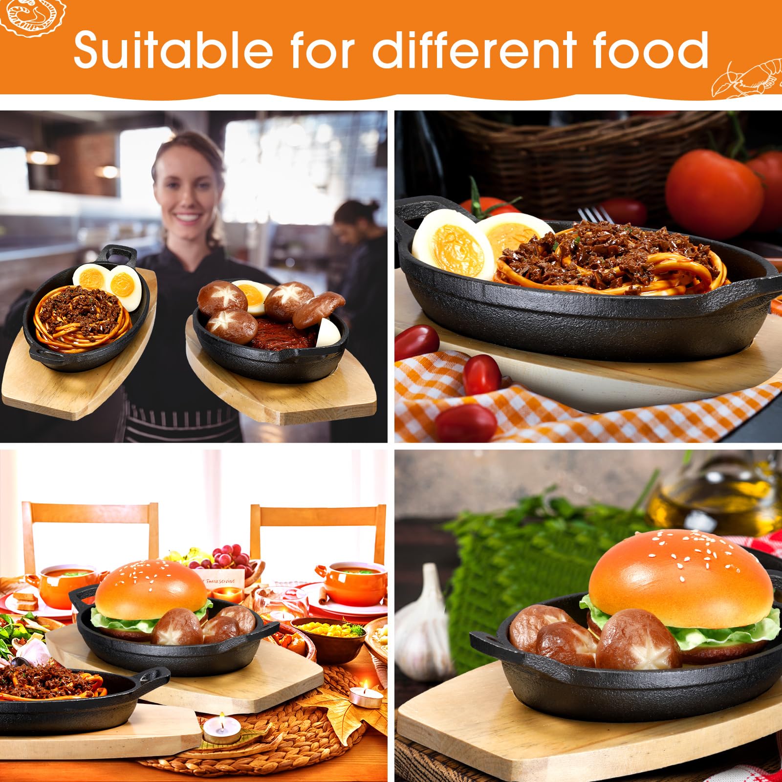 Mifoci 6-Piece Mini Cast Iron Skillet Set with Wooden Base - 8.7x4.7x1.6 Inch Oval Fajita Plates for Baking, Roasting, Grilling & Serving - Perfect for Appetizers, Tapas, Nachos & Sizzling Dishes at Home or Restaurants