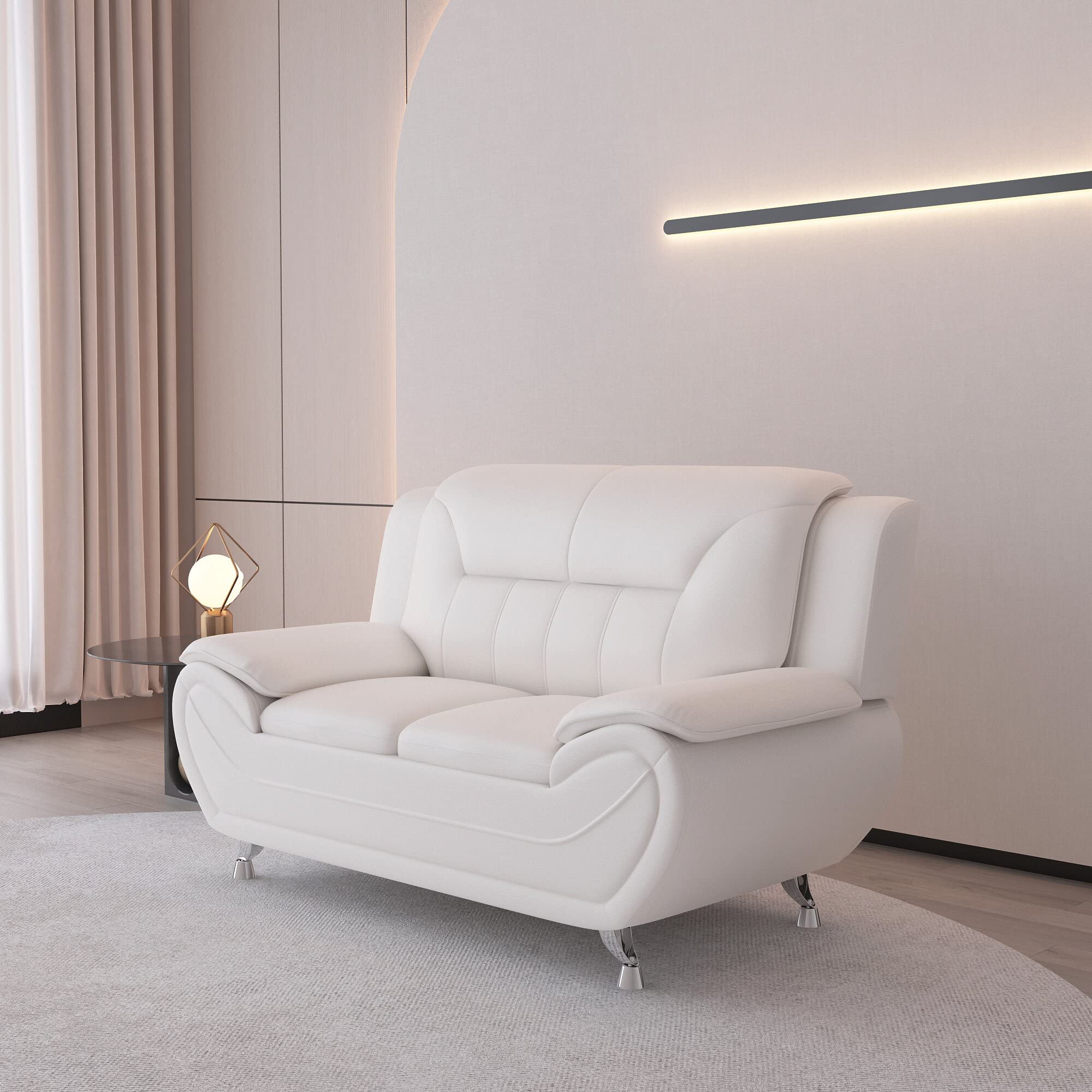 Michael Modern Faux Leather Loveseat with Stainless Steel Legs - Milky White Upholstered Sofa for Living Room | Perfect for Small Spaces, Apartments & Cozy Home Decor