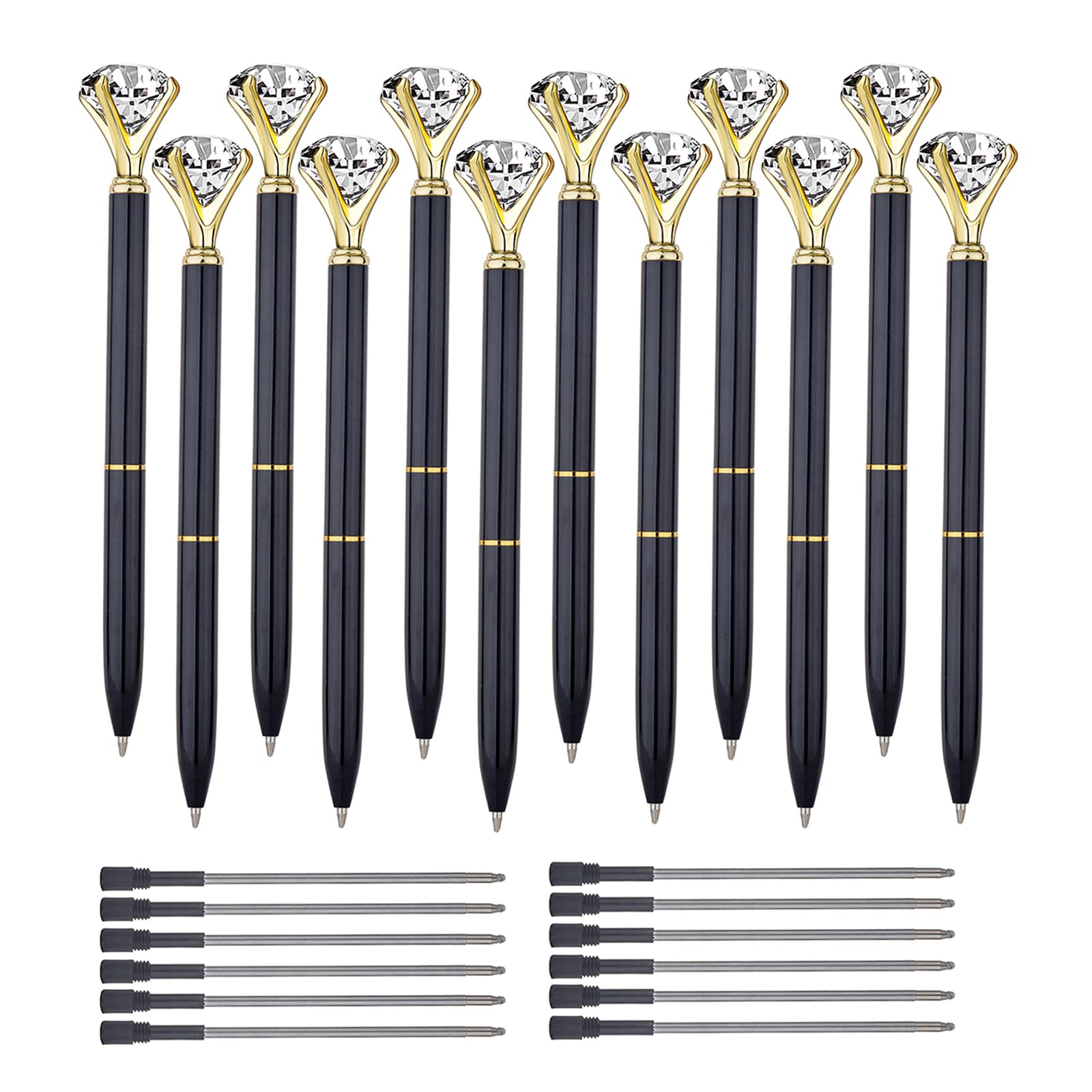 Diamond Ballpoint Pens for Women - 12 Pack Rose Gold & Black Metal Pens with Big Crystal Diamonds, Elegant Wedding & Office Gift for Girls, Bridesmaids, Students - Perfect for School, Work, and Special Occasions