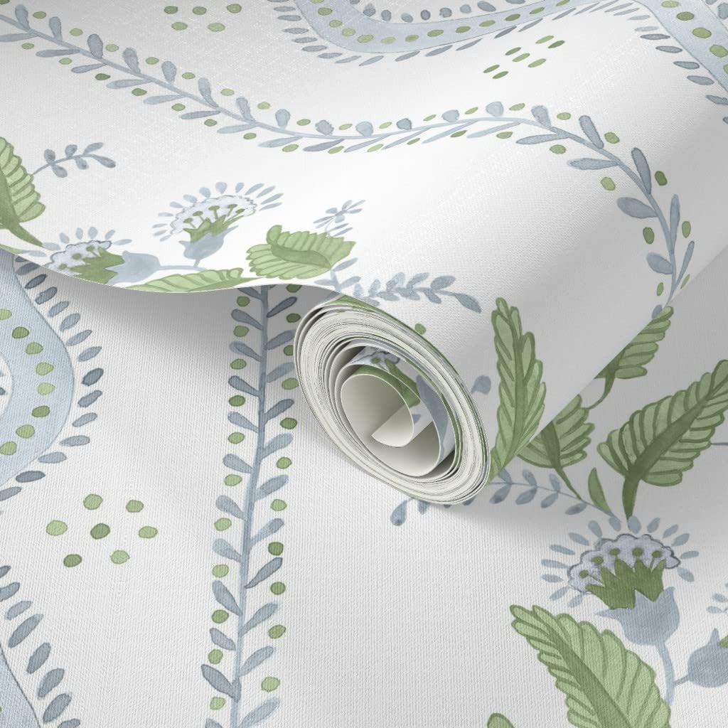 Peel & Stick Removable Wallpaper 3ft x 2ft - Soft Blue Green White Stripes with Floral Dots | Traditional Custom Wall Decal for Bedroom, Nursery & Home Office Decor