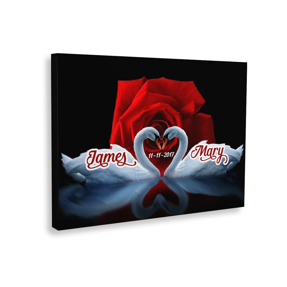 Custom Couple Names Swan Wall Art Painting on Canvas - Romantic Red Rose Flowers Wall Decor for Living Room & Bedroom - Red and Black Swan Picture for Valentine's Day Gift & Anniversary Present