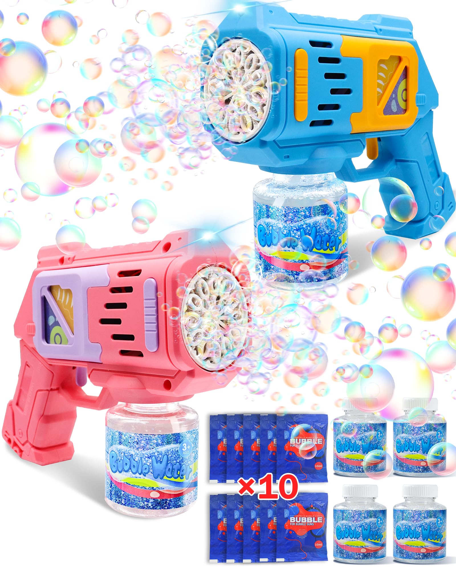 2 Pack Bubble Machine Gun for Kids - Bubble Blower Maker Blaster with 4 Bottles Refill Solution, Outdoor Summer Toys for Toddlers Ages 3-8 - Perfect for Birthday Parties, Backyard Play & Park Adventures